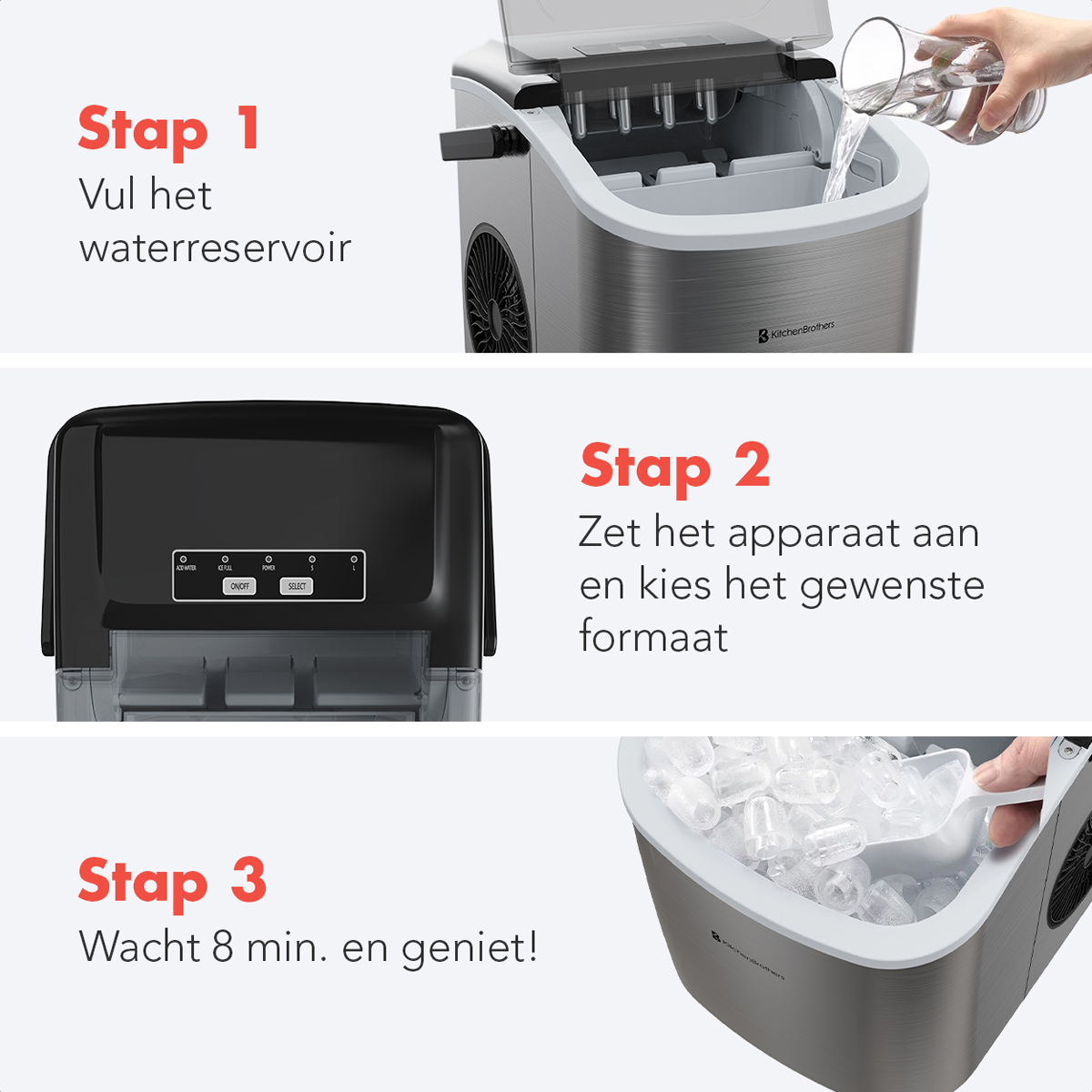 A three-panel sequence for an ice maker: water fill, settings, and ice scoop.