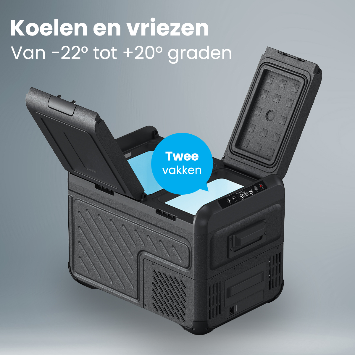 Zwarte koelbox met open deksels. Toont twee compartimenten. Temperatuurbereik van -22 tot +20 graden.