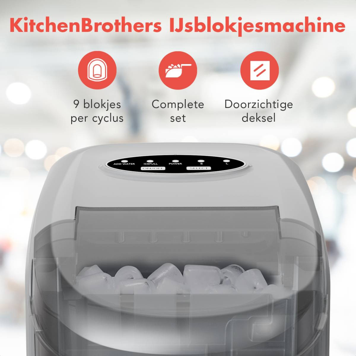 KitchenBrothers ice machine with icons showing 9 ice cubes per cycle, a complete set, and a clear lid.
