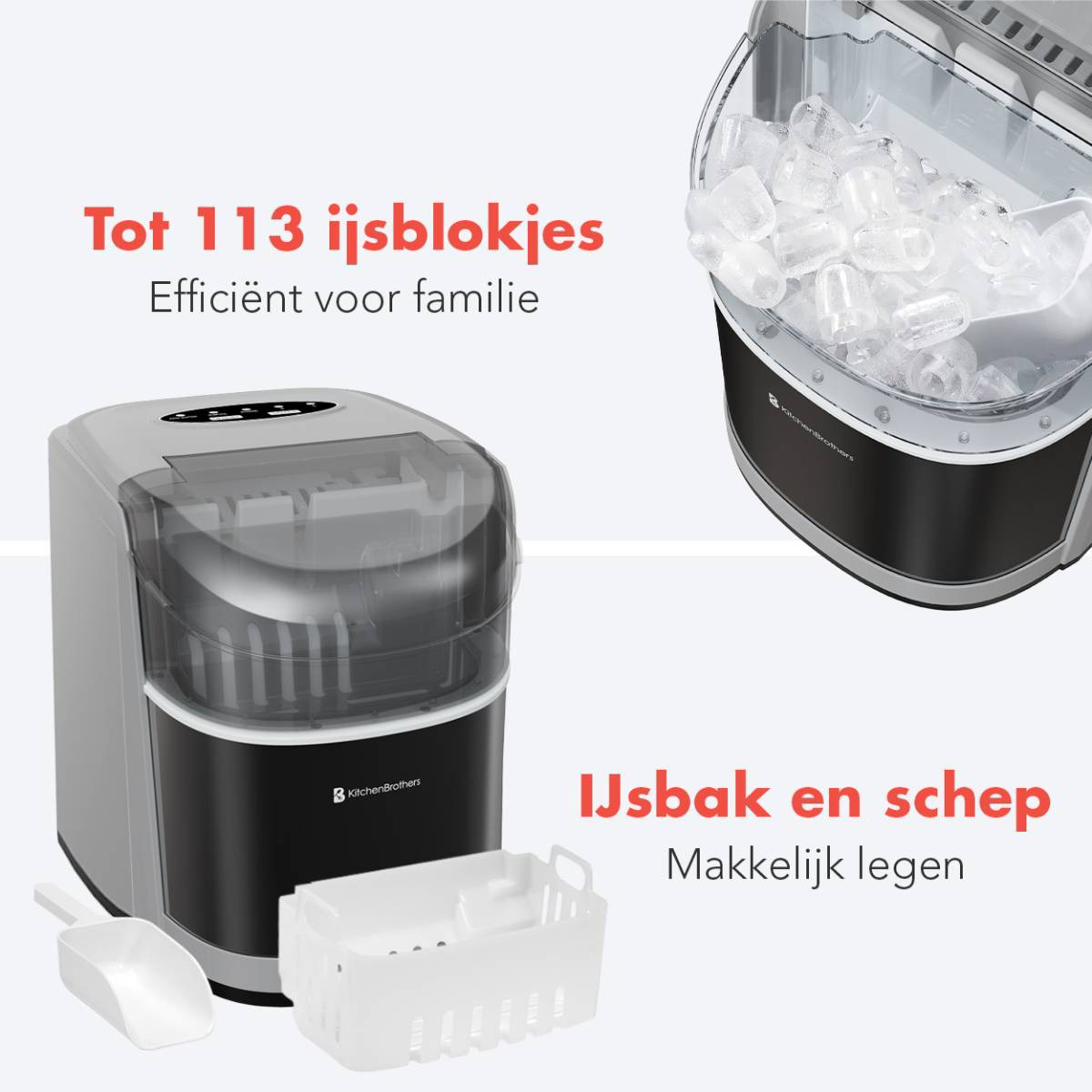 An ice maker with ice in the container, and a scoop. In the background, more ice maker.