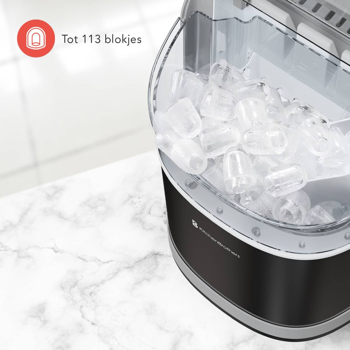 Ice machine with ice cubes inside. Shows a warning sign. Placed on a marble surface.