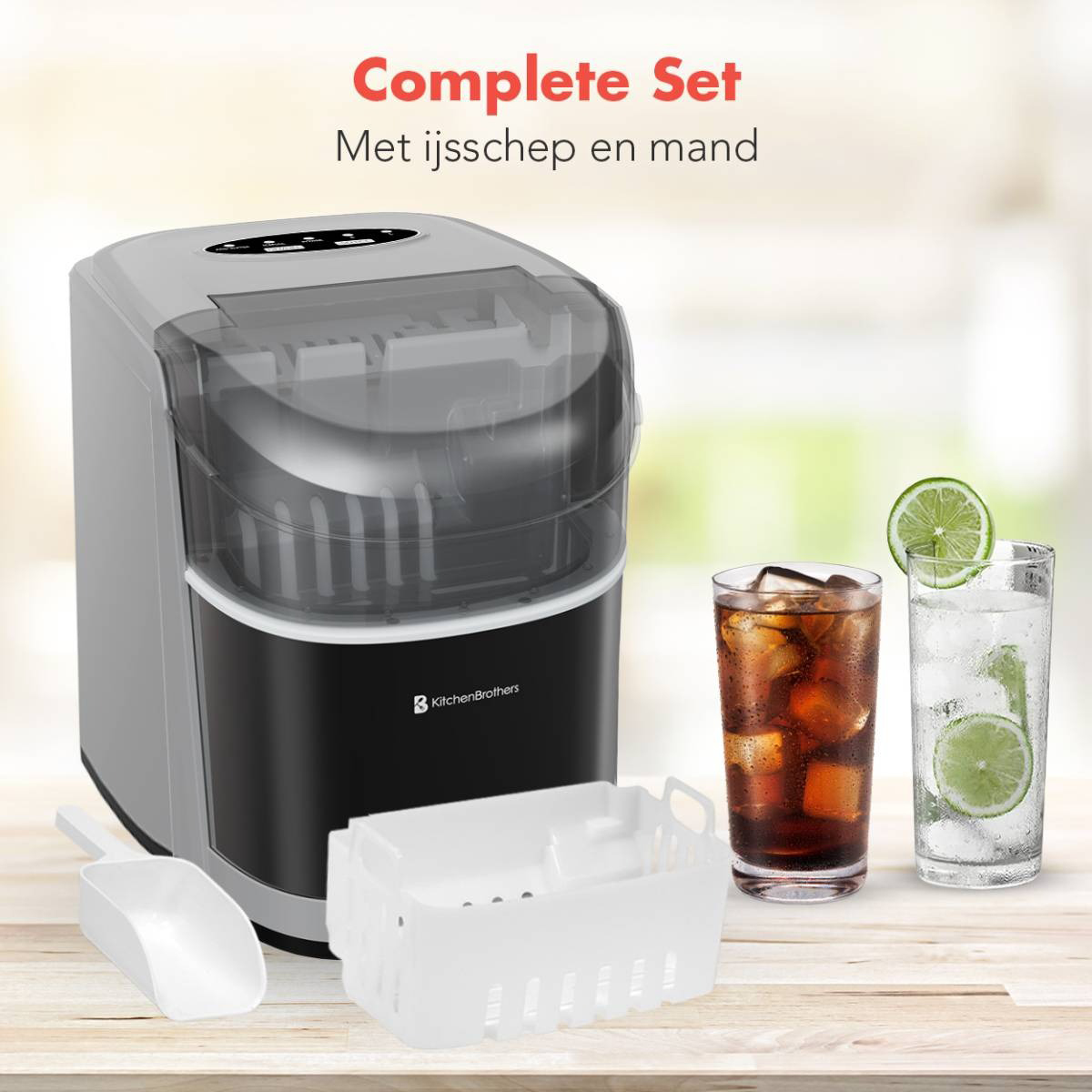 Ice maker complete set with ice scoop, ice basket, drinks.