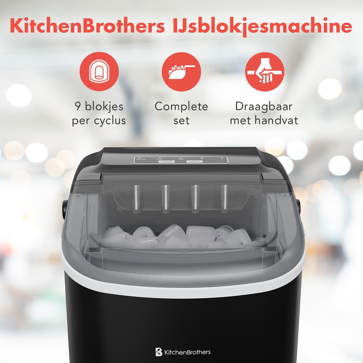 Black ice machine. Shows ice cubes inside. Has a handle. Three icons with text.