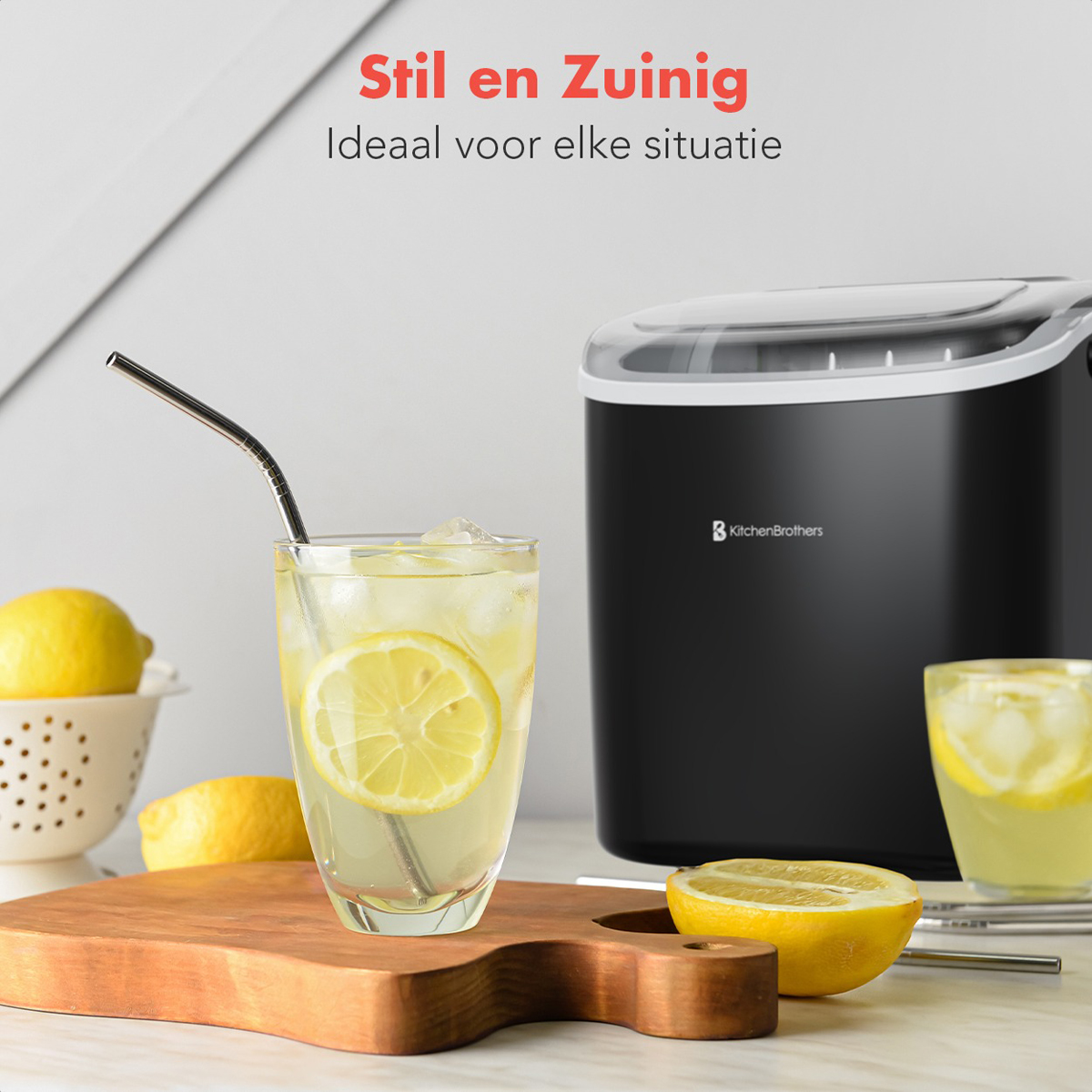 Glass with lemon drink, ice maker, lemons, and a cutting board. Text: Stylish and economical, perfect for every situation.