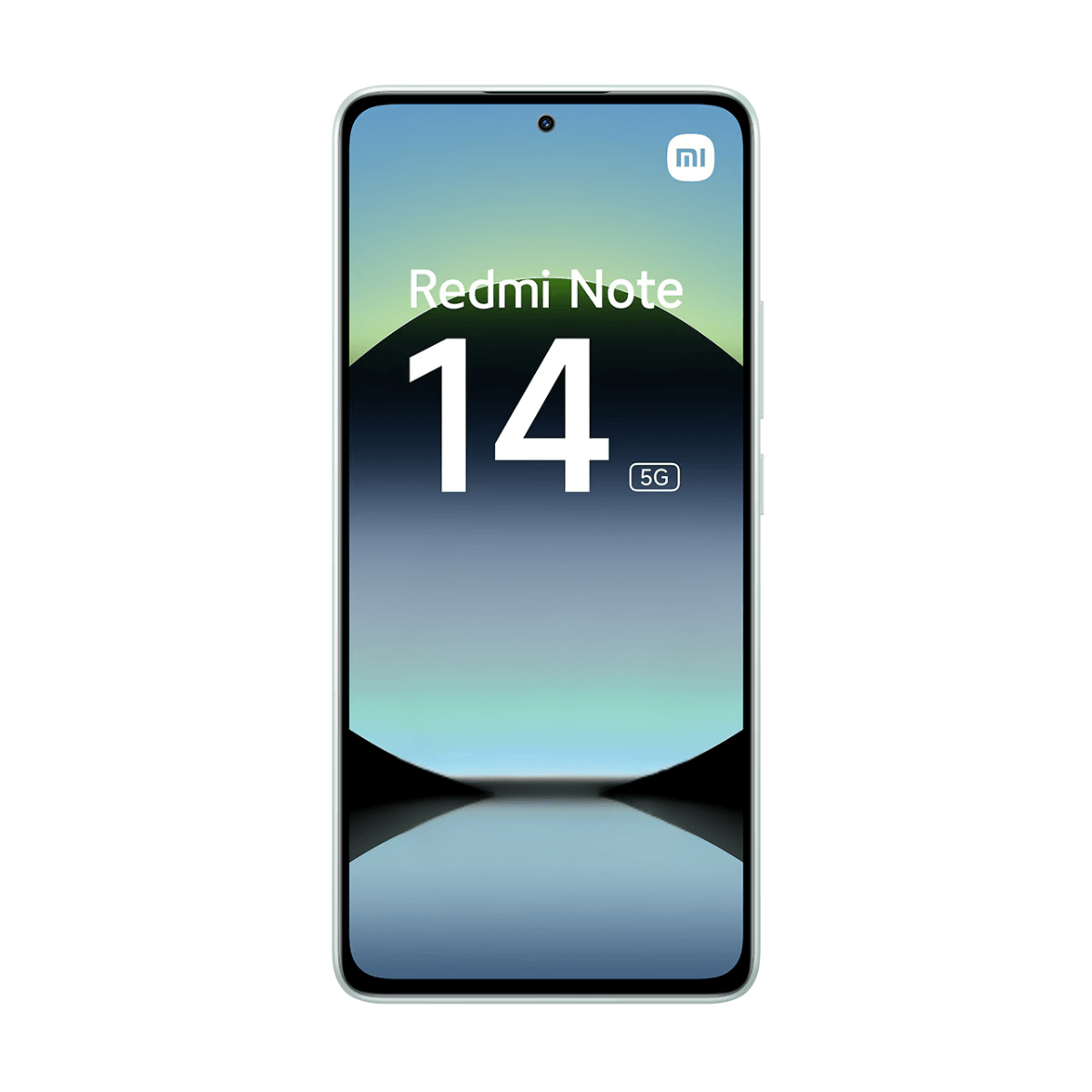 Smartfon z dużym ekranem, wyświetlający logo Redmi Note 14, jasne zielone tło.