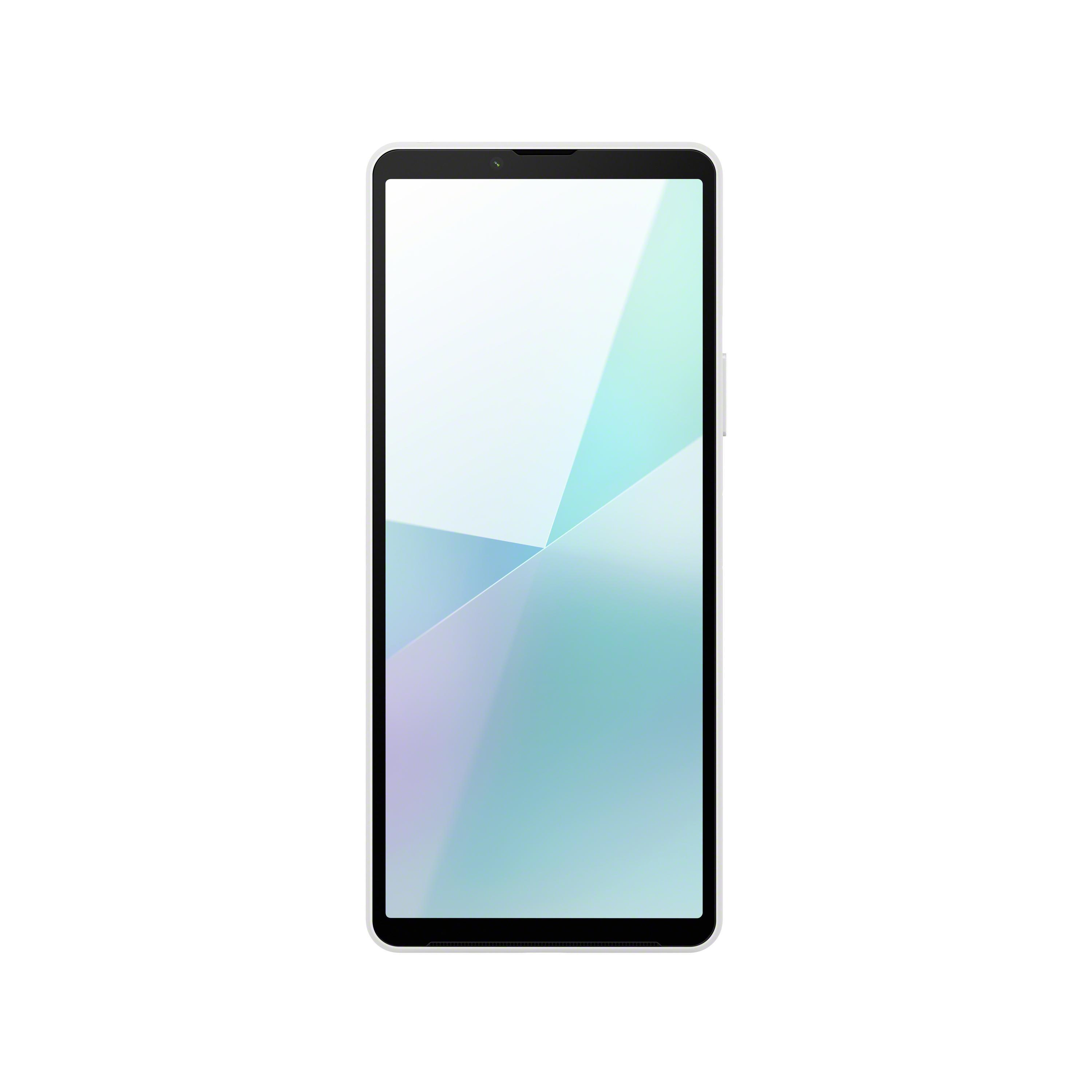 Smartphone mit weißem Rahmen und Bildschirm mit blauem und grünem Farbverlauf.
