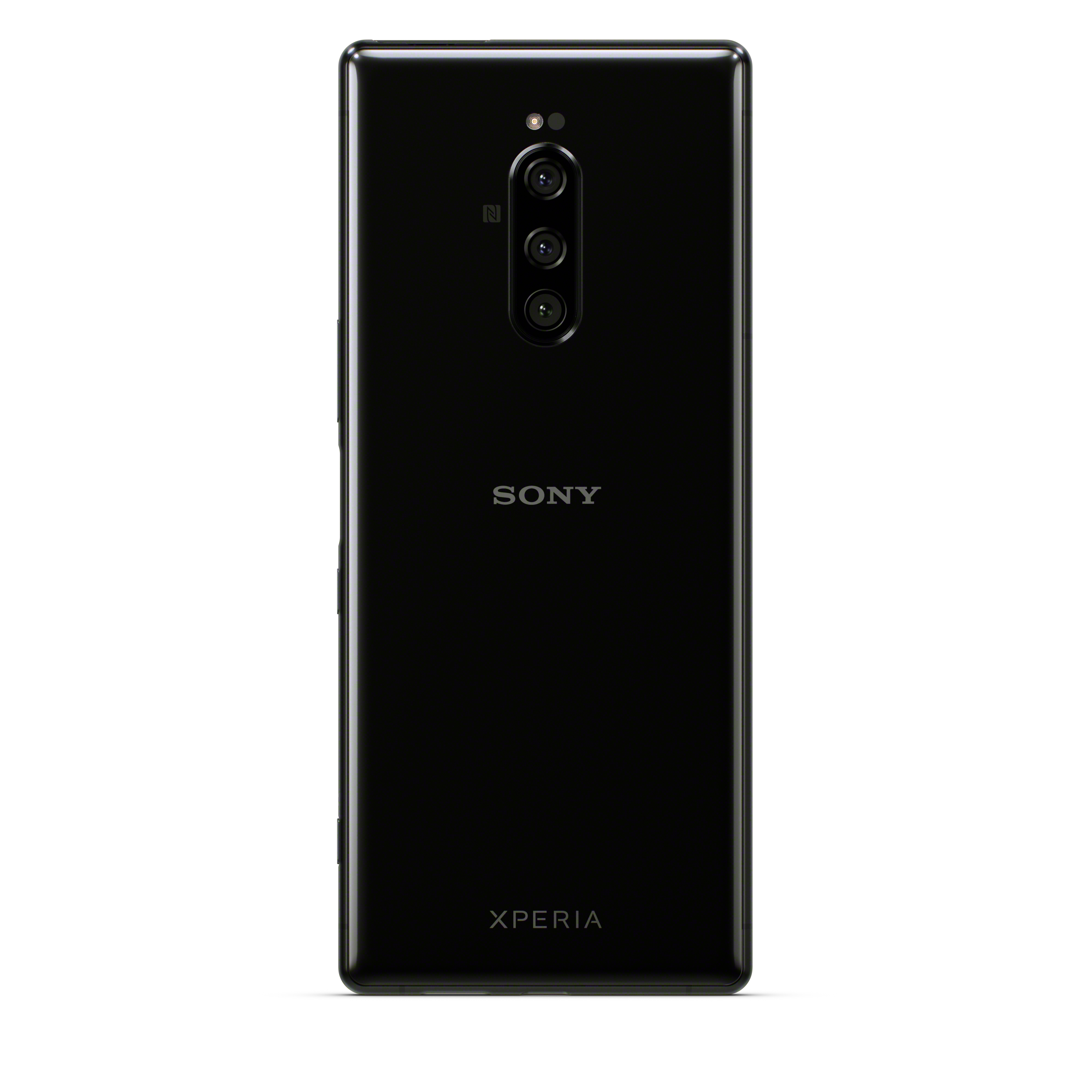 Schwarze Sony Xperia-Telefonrückseite mit drei Kameralinsen und Sony-, Xperia-Branding.