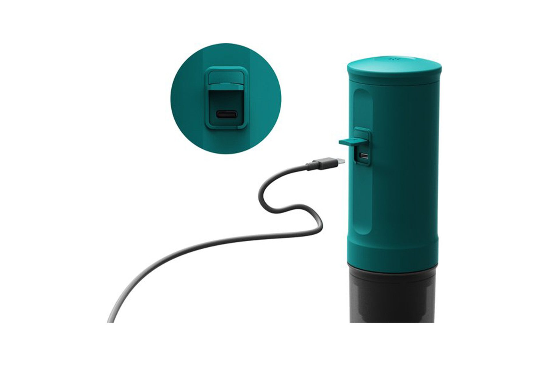 Een turquoise oplaadapparaat met een USB-poort en een oplaadkabel.