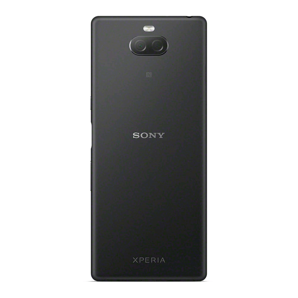 Tył czarnego telefonu Sony Xperia na białym tle. Ma podwójne aparaty i logo Sony i Xperia.