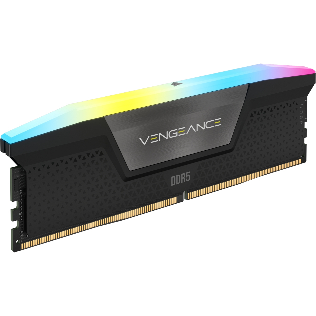 Pamięć RAM RGB. Czarno-szary design. Tekst: VENGEANCE DDR5. Tęczowy efekt świetlny na górze.
