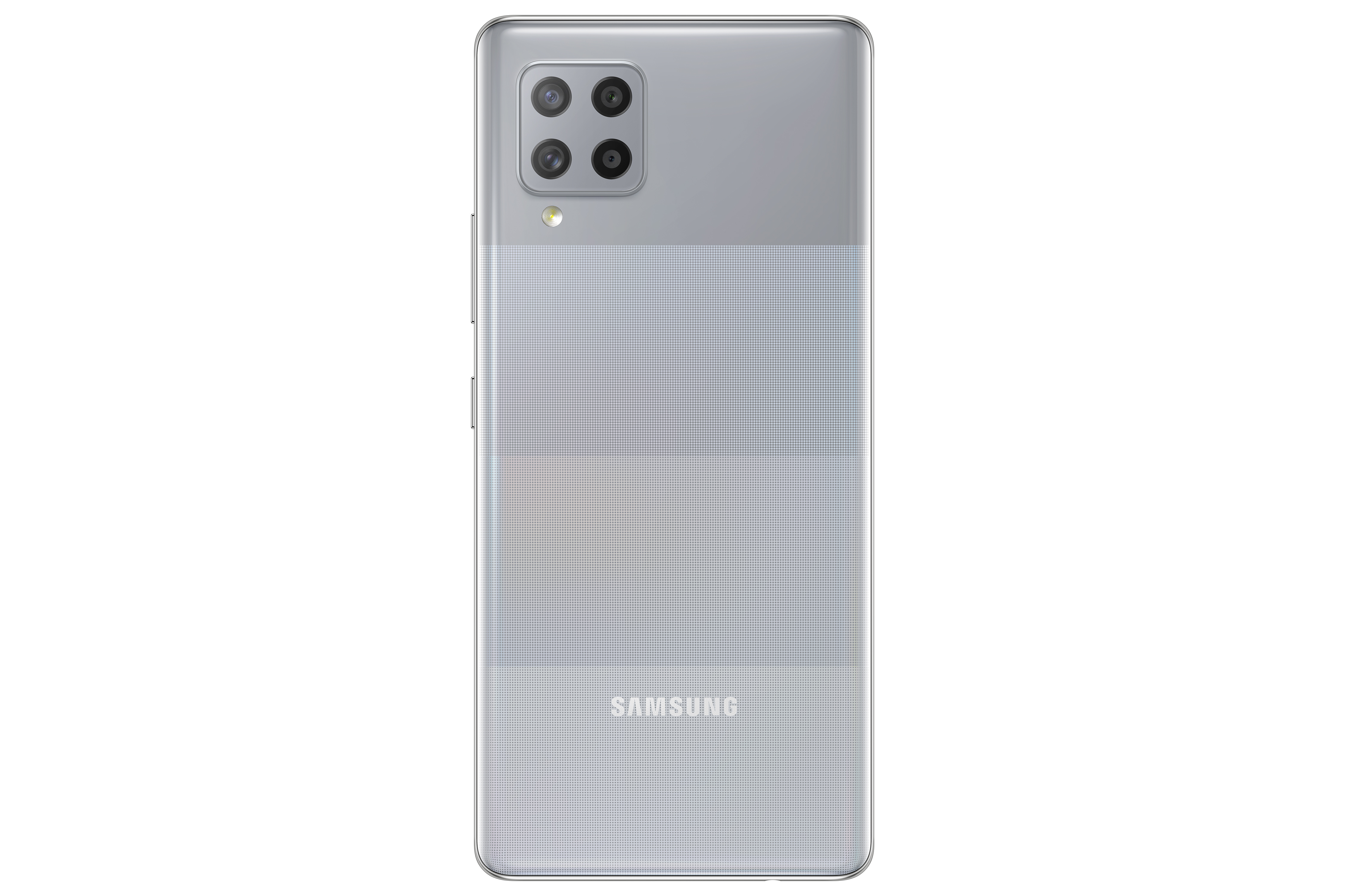 Retro del telefono Samsung argentato. Quattro fotocamere in alto. Fondo grigio strutturato. Sfondo bianco. Logo SAMSUNG.