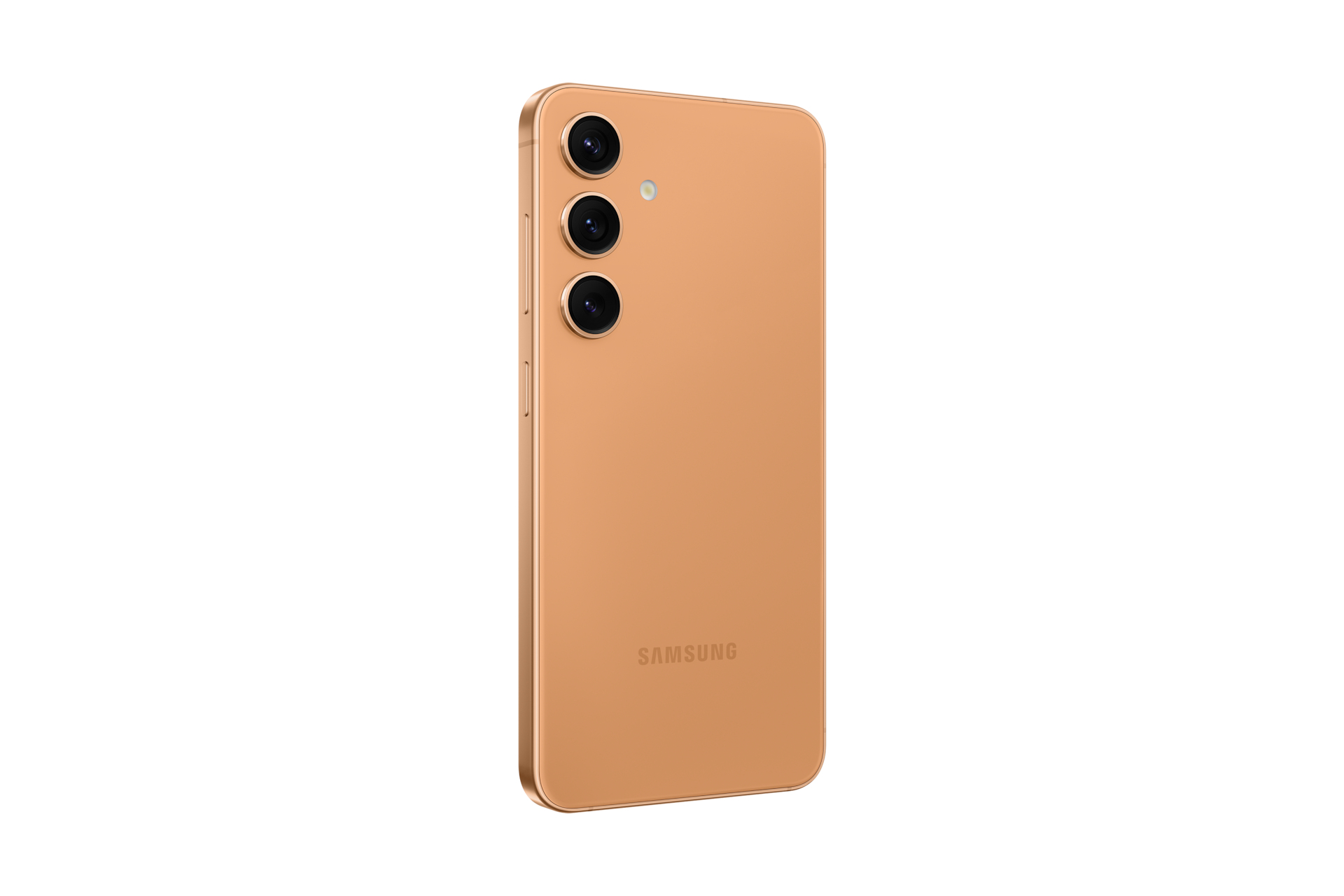 Tył złotego smartfona Samsung z trzema aparatami i logo Samsung na białym tle.