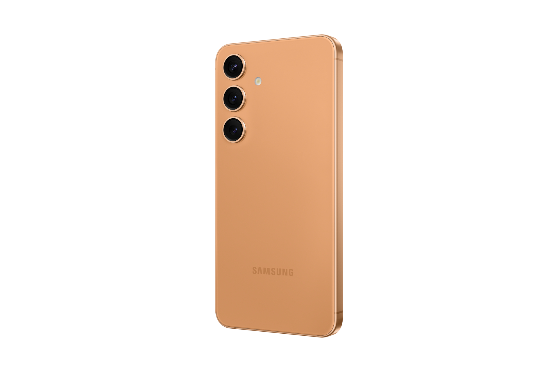 Smartfon Samsung. Widok z tyłu. Trzy aparaty. Złoty kolor. Białe tło.