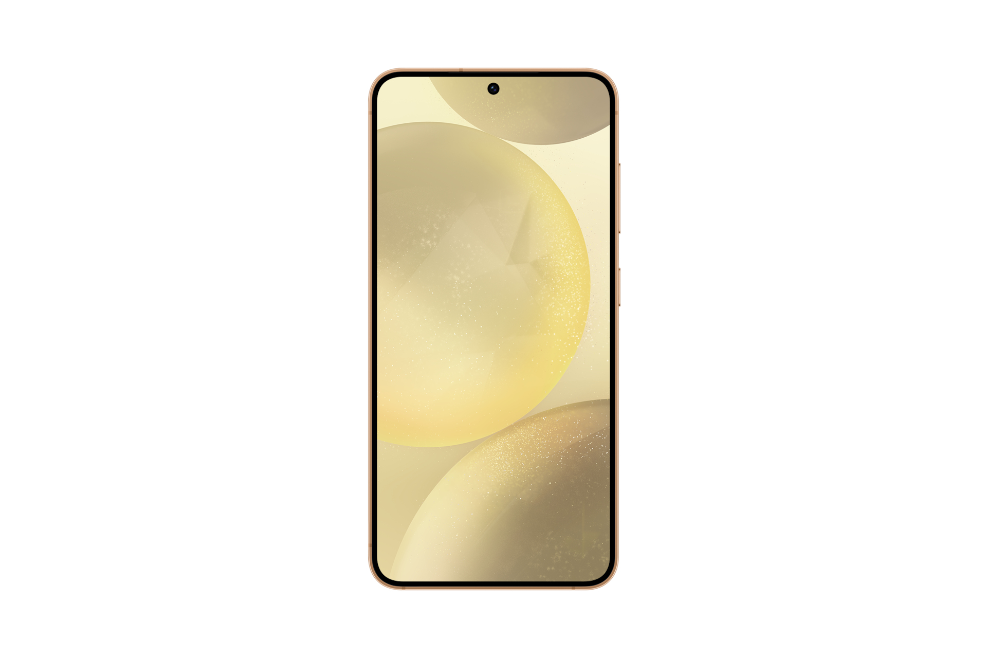 Złoty telefon, widok z przodu. Białe tło.