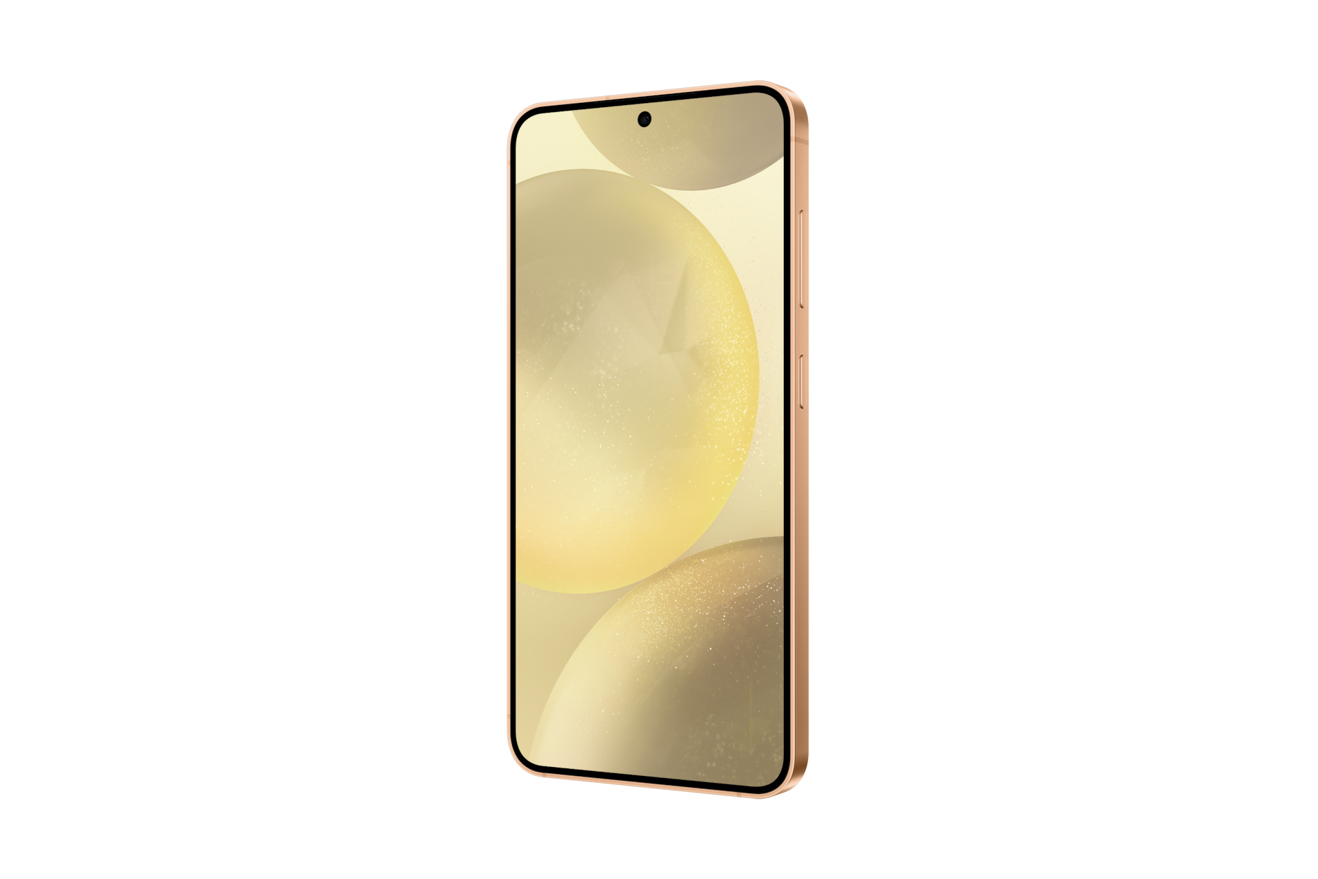 Złoty smartfon, widok z boku. Ekran wyświetla abstrakcyjne tło z kulami.
