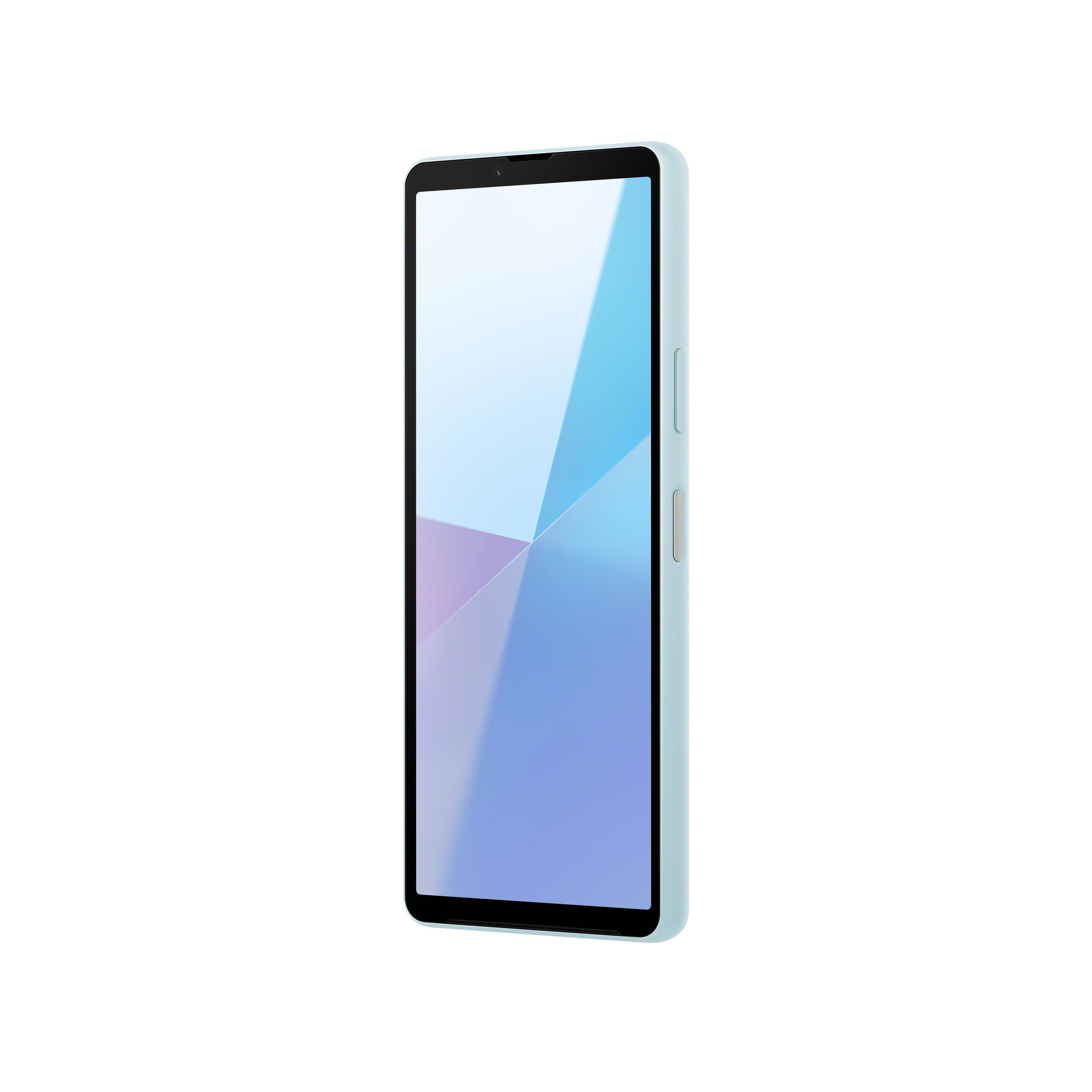 Smartphone blu e bianco. Vista angolata. Telefono su sfondo bianco. Colori azzurro e viola.