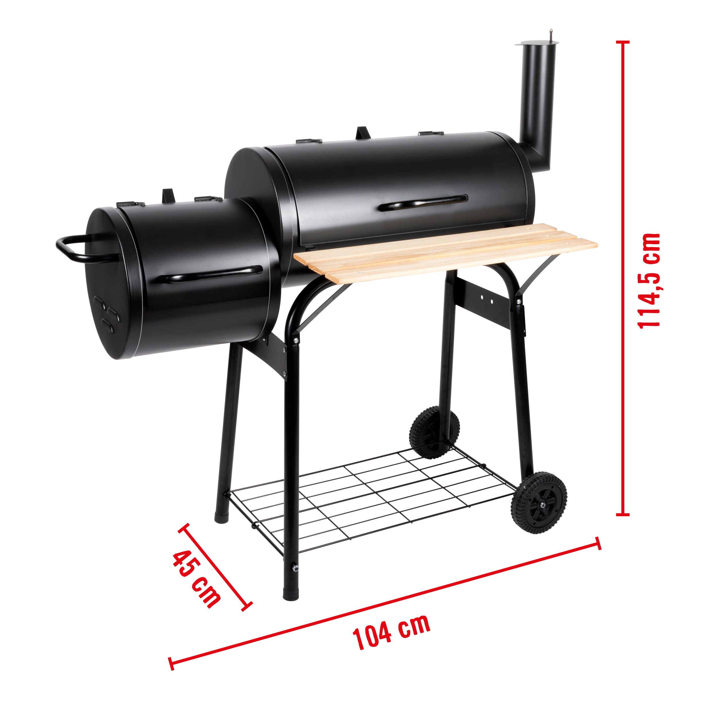 Black BBQ grill with wooden shelf and wheels. Dimensions: 104 cm long, 114.5 cm high, 45 cm wide.