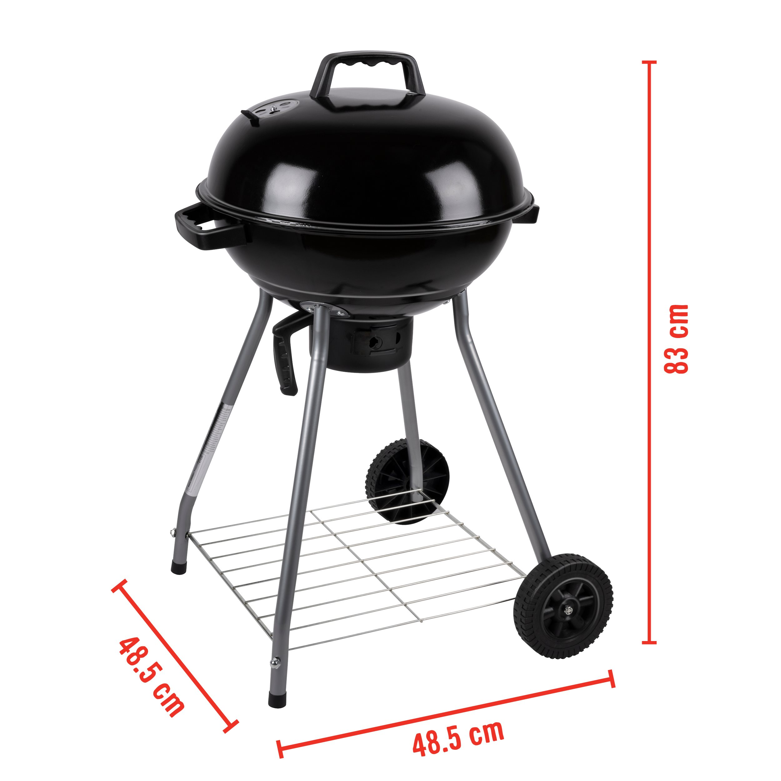 Zwarte grill met afmetingen. Ronde deksel, zilveren poten en draadrek. Op wit.
