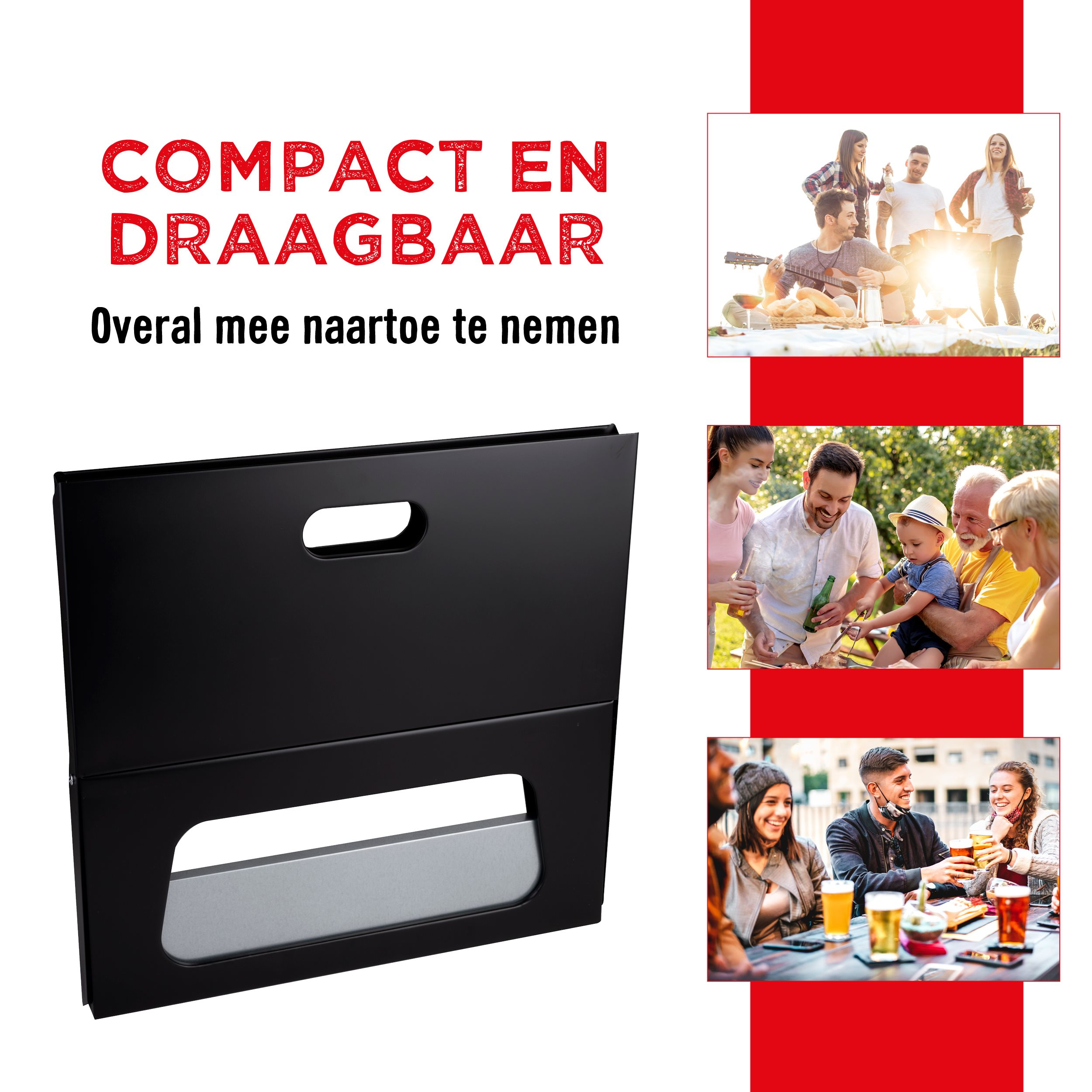 Zwarte draagbare grill met mensen die van eten genieten. Toont de draagbaarheid en het gebruik.