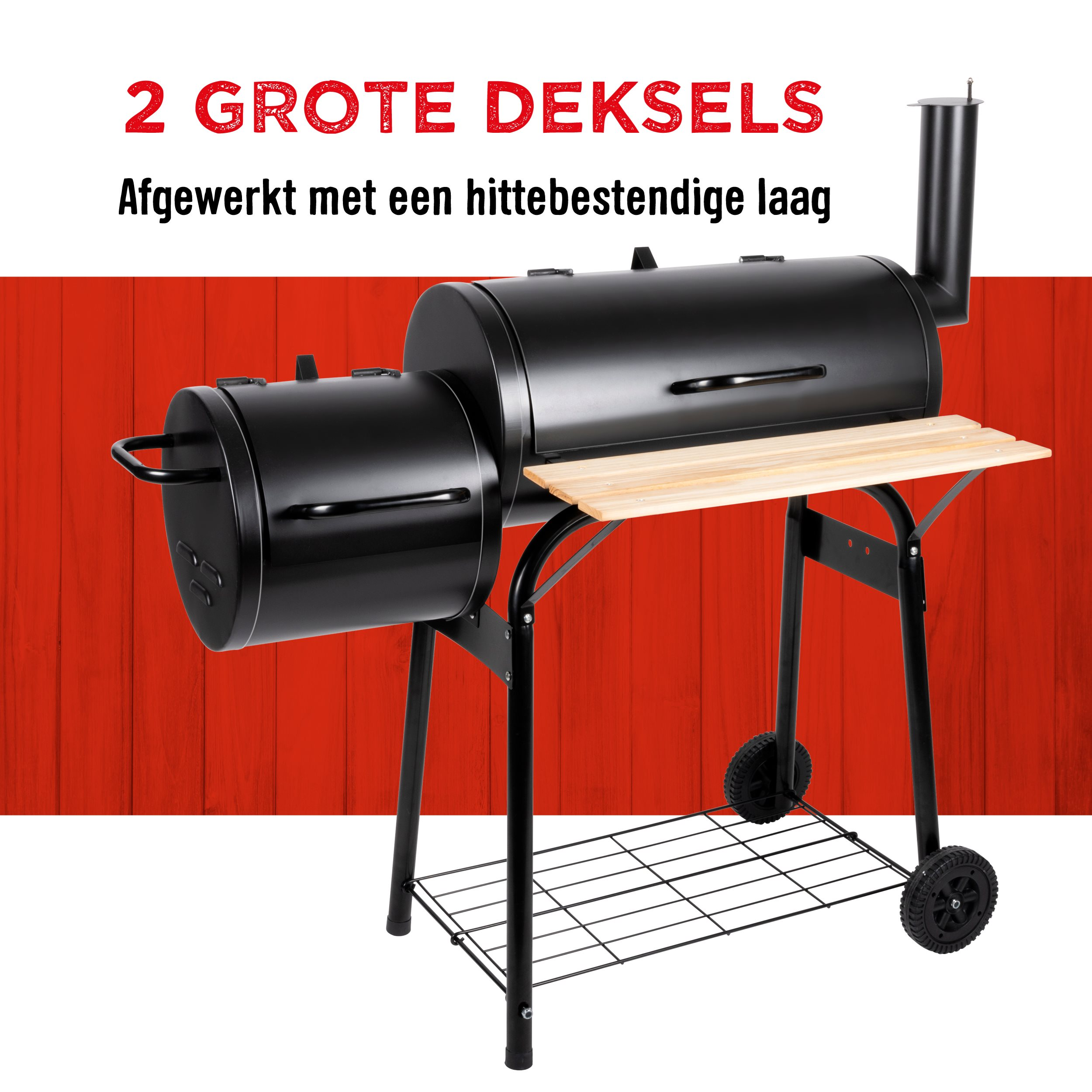 Black grill with two lids, a wooden shelf, and wheels. Red background with wooden planks.