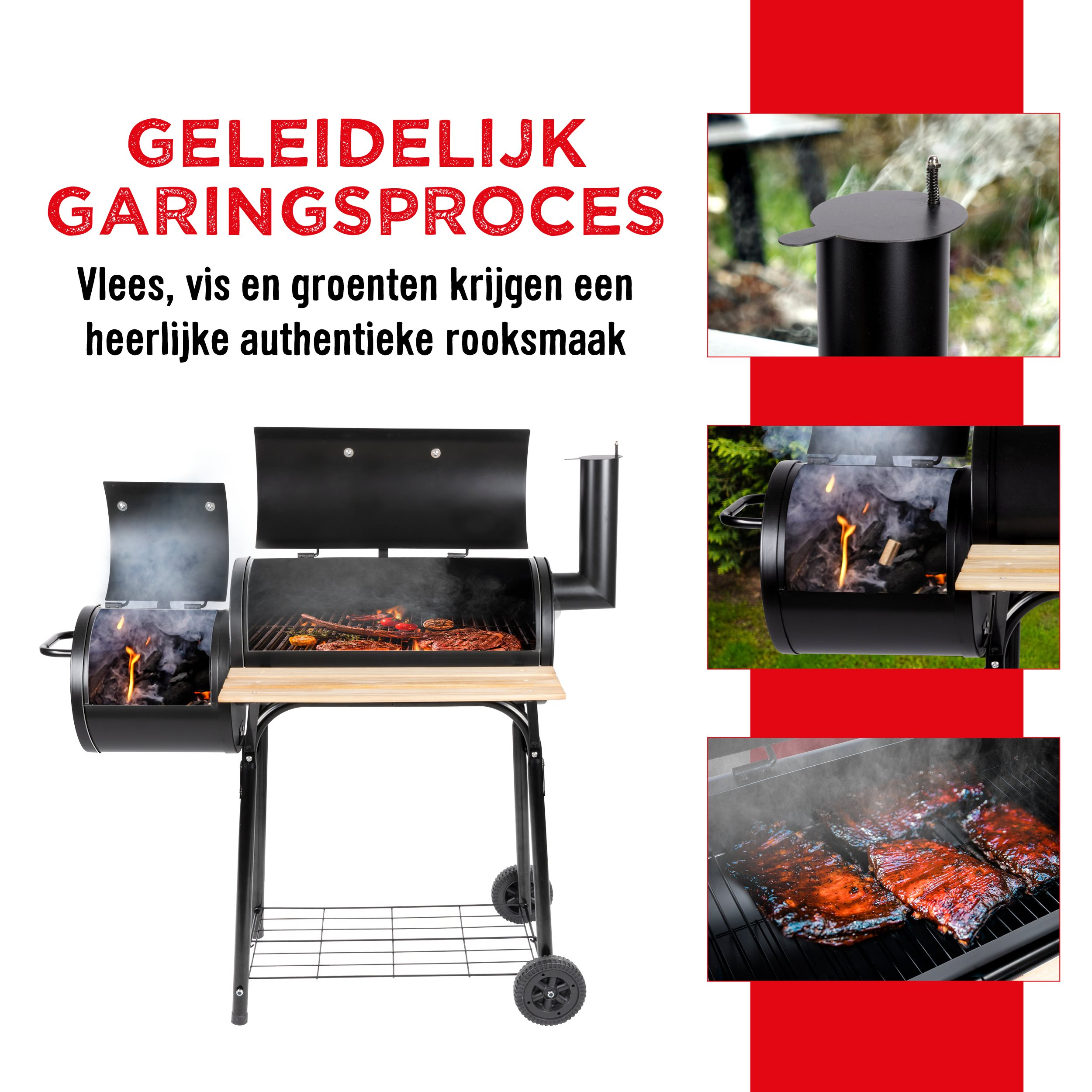 A black smoker with a red background. The image shows cooking stages and flames.