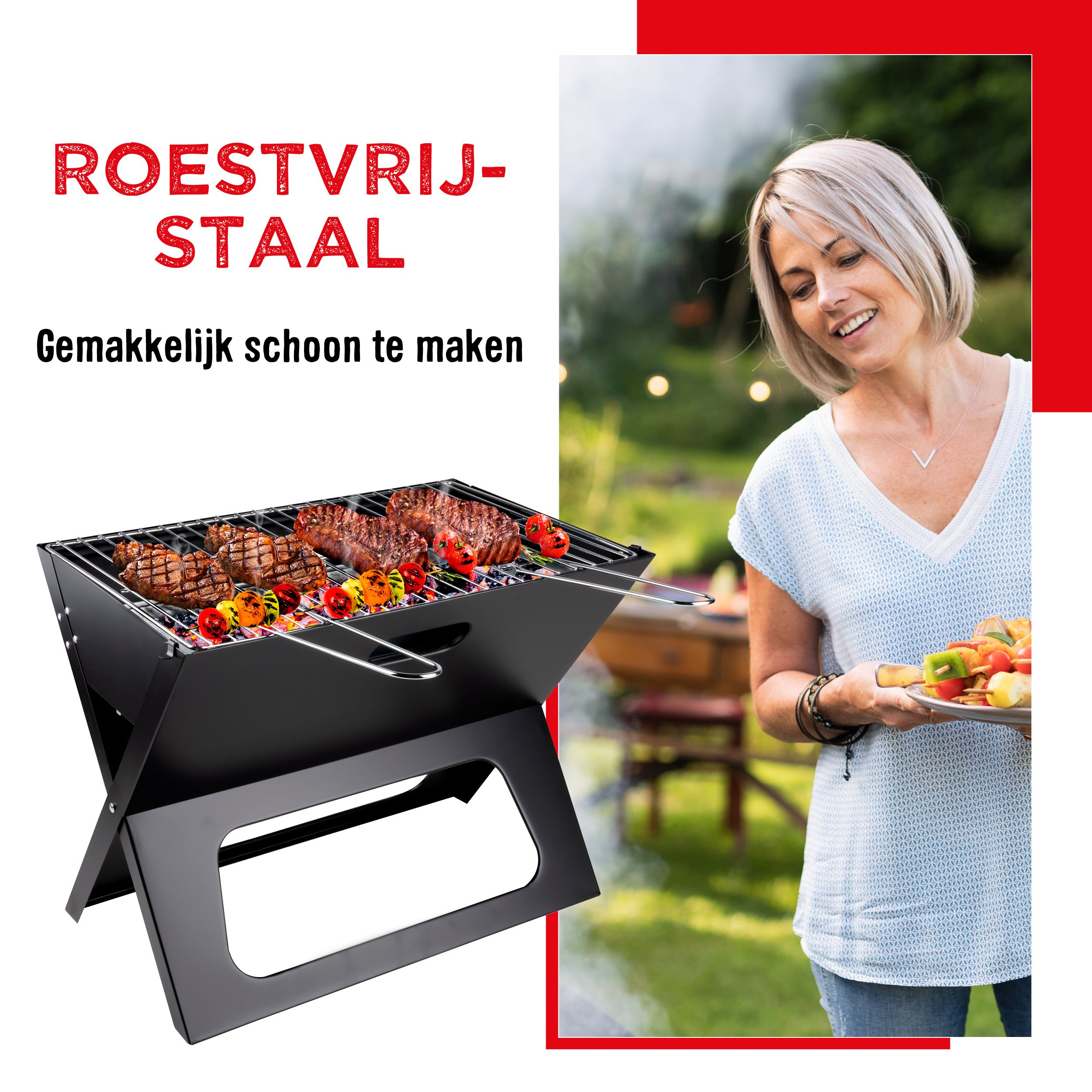 Zwarte grill met eten erop. Vrouw lacht op de achtergrond en rode frame.