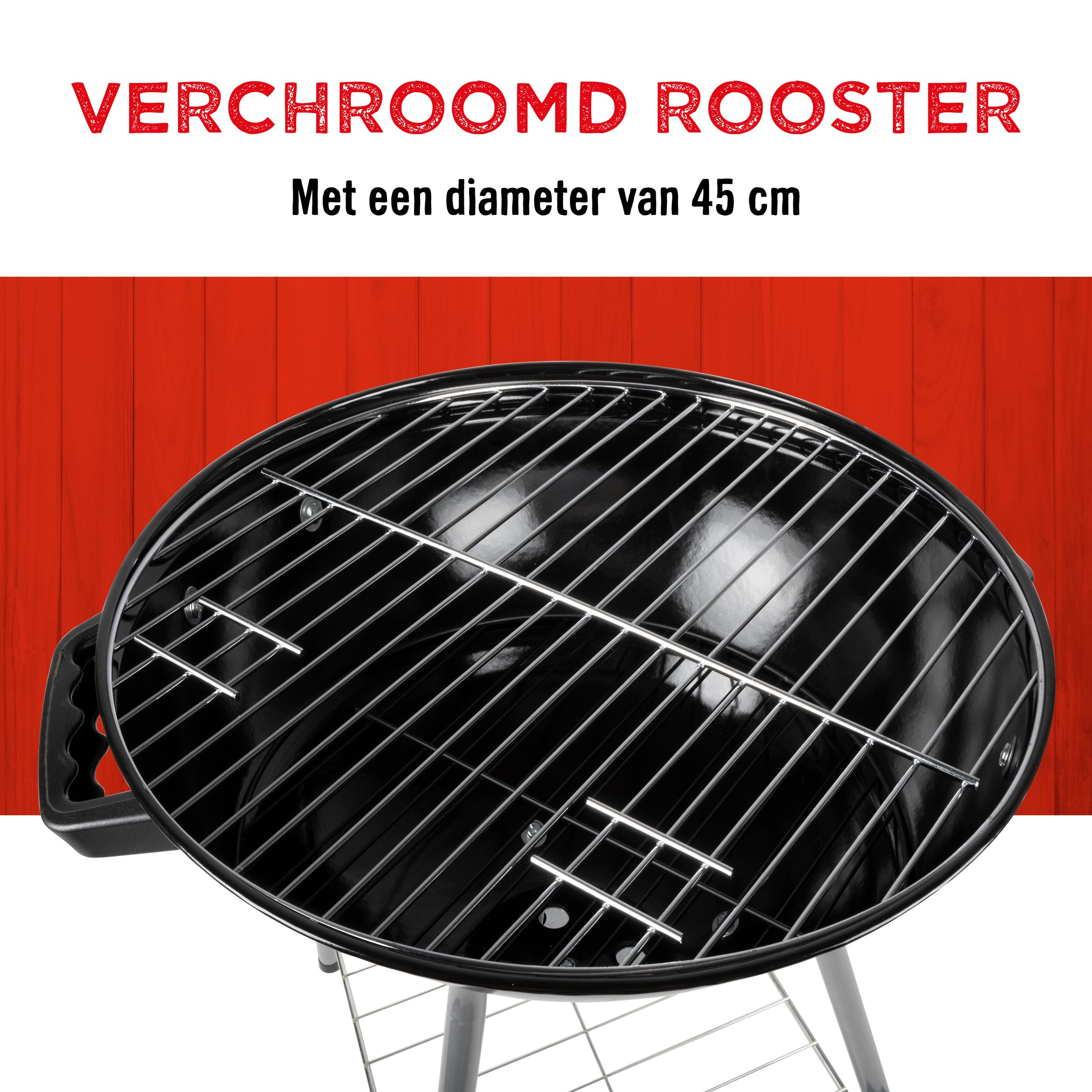 Een verchroomd rooster met zwarte handgreep op een rode achtergrond.