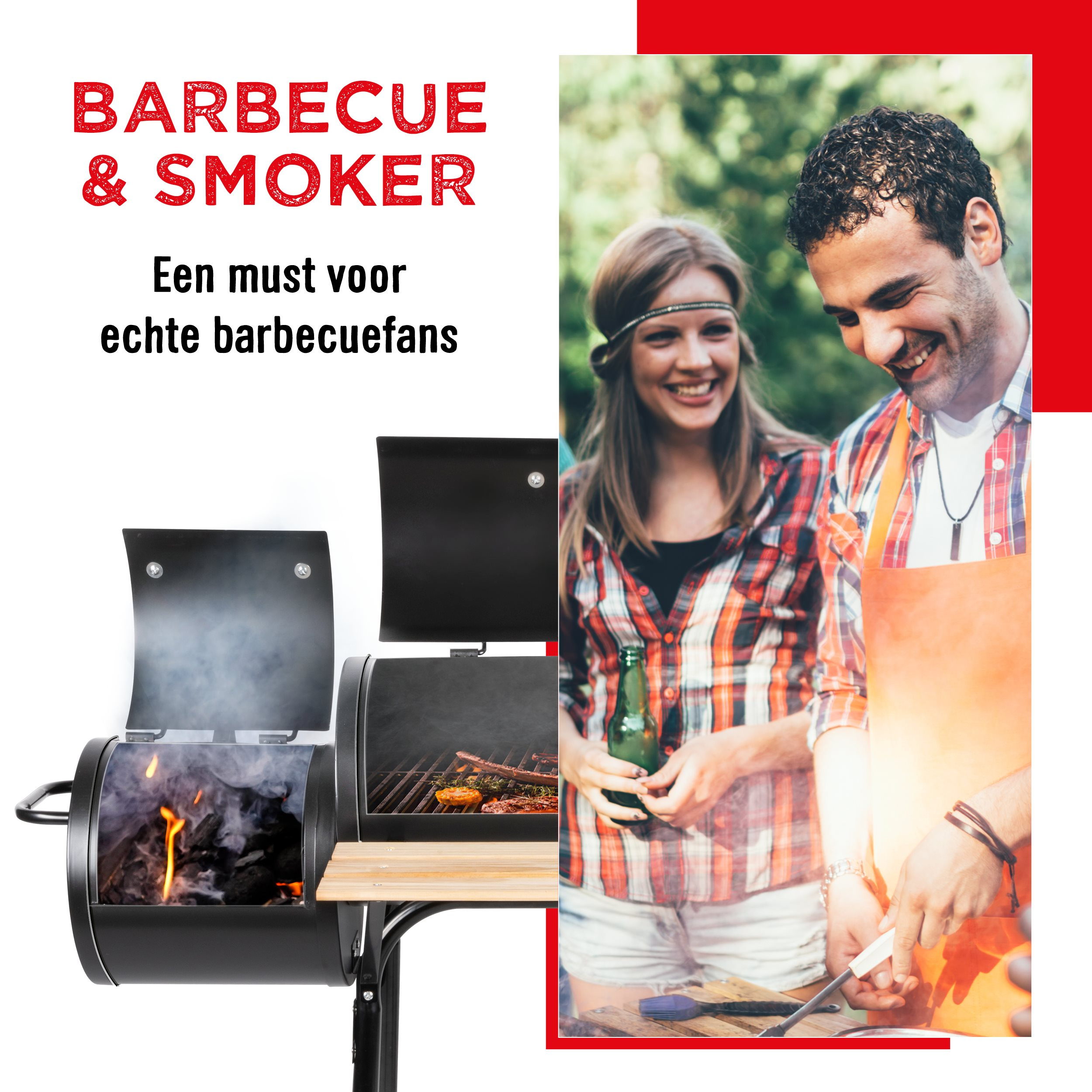 Barbecue and smoker with fire and smoke. Two people in the background. Text on the image.