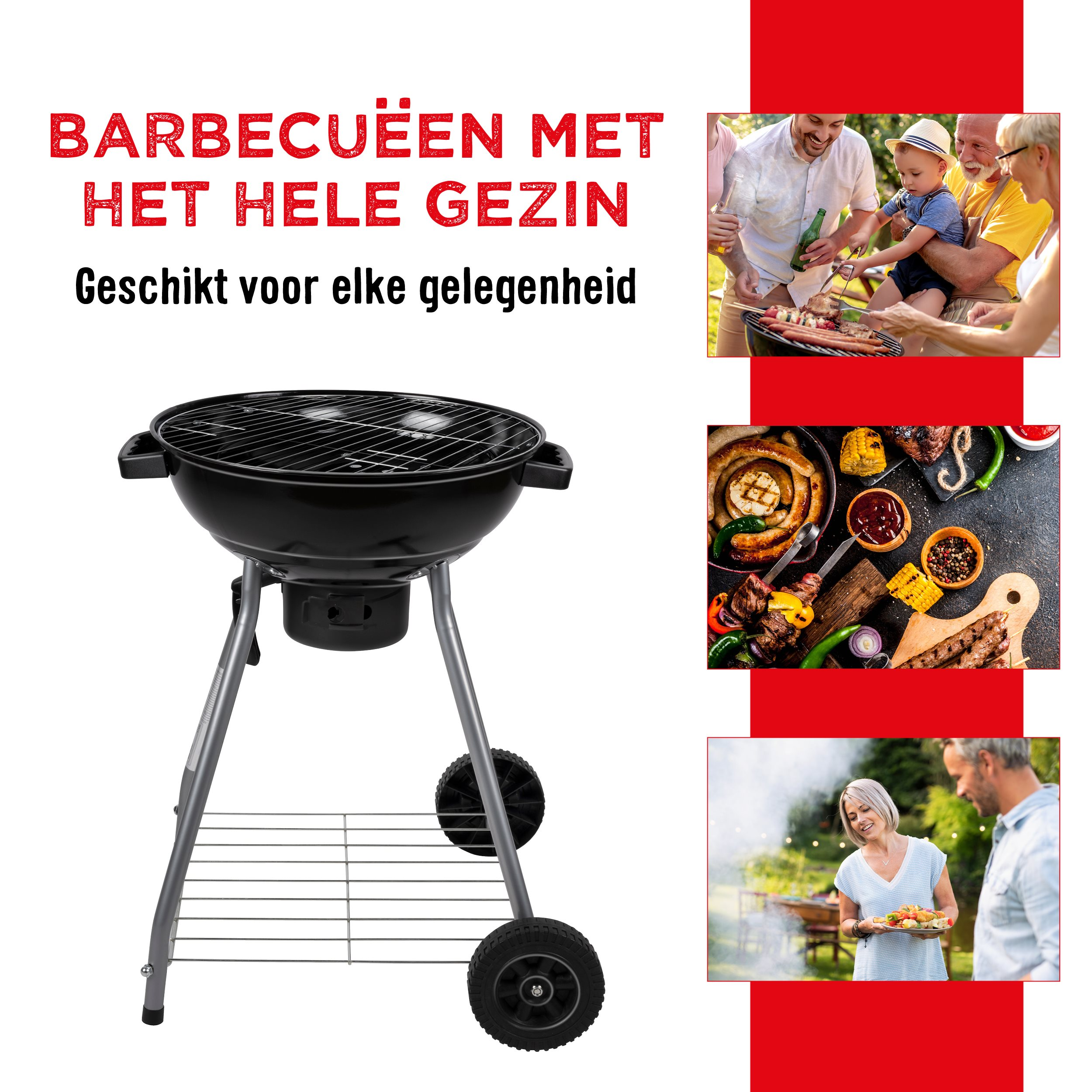 Zwarte grill met een ronde grill aan de onderkant, naast afbeeldingen van gegrild voedsel en mensen. Rode achtergrond.