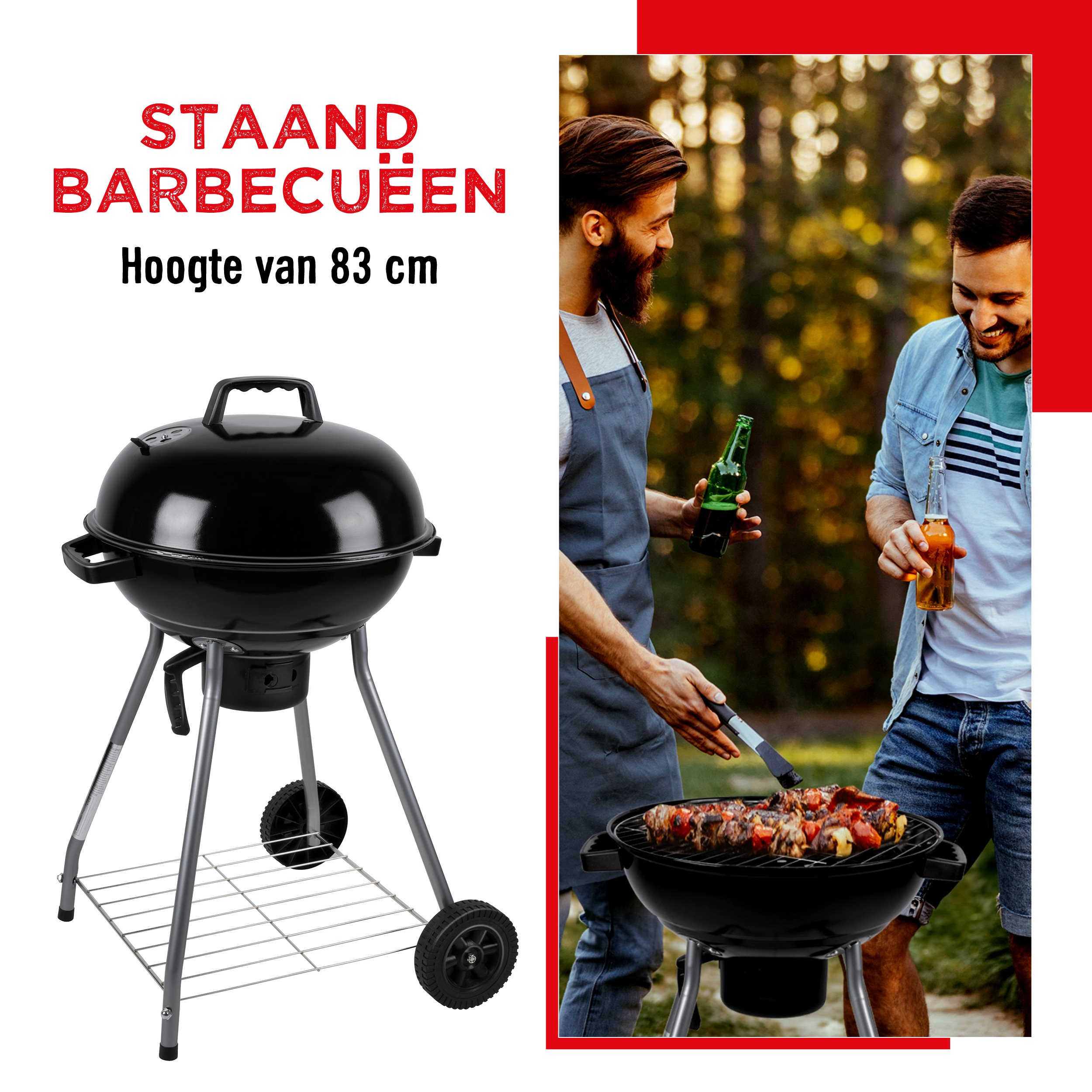 Een zwarte grill met deksel, op wielen, met twee mannen op de achtergrond.