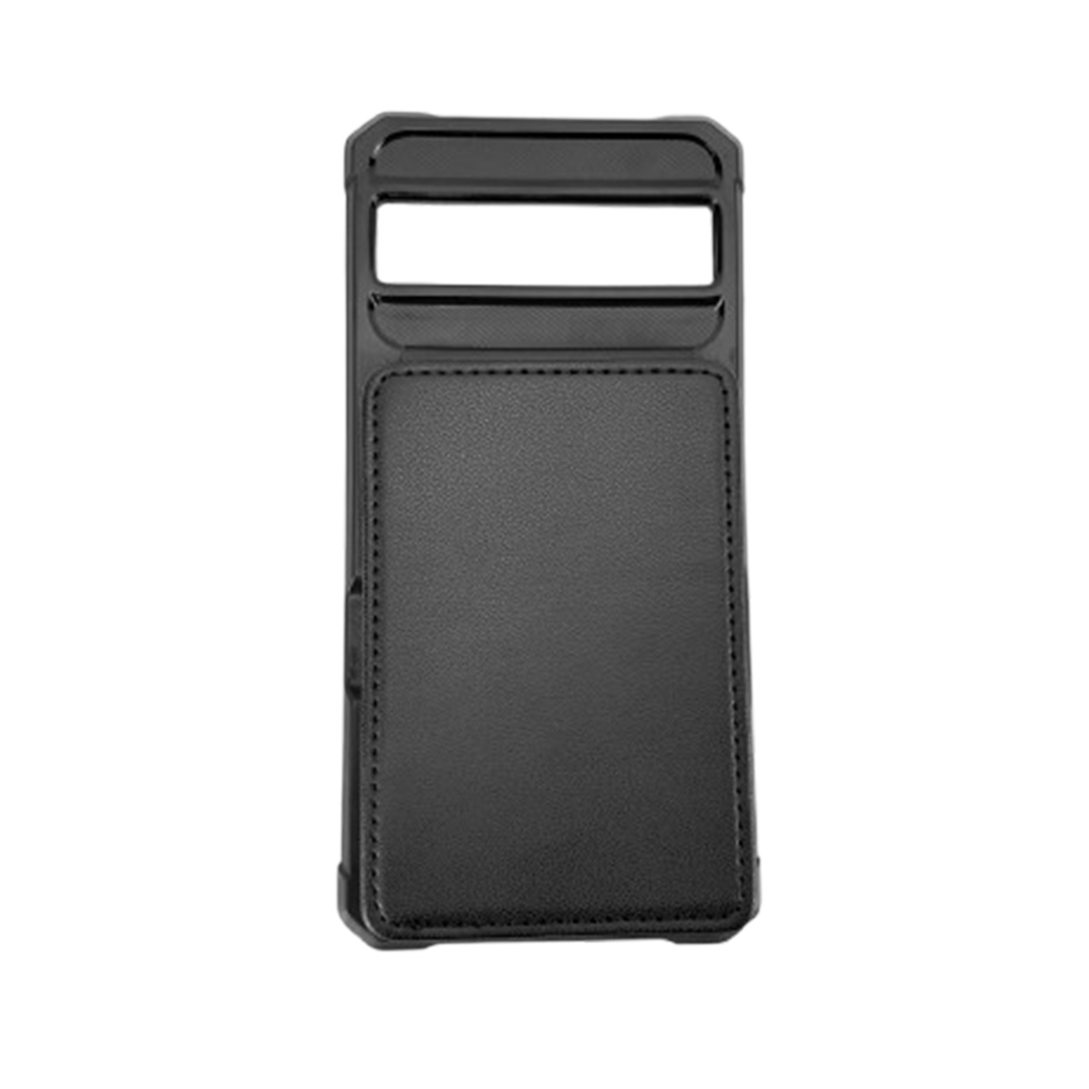 Custodia nera per telefono con porta carte. Sfondo bianco.