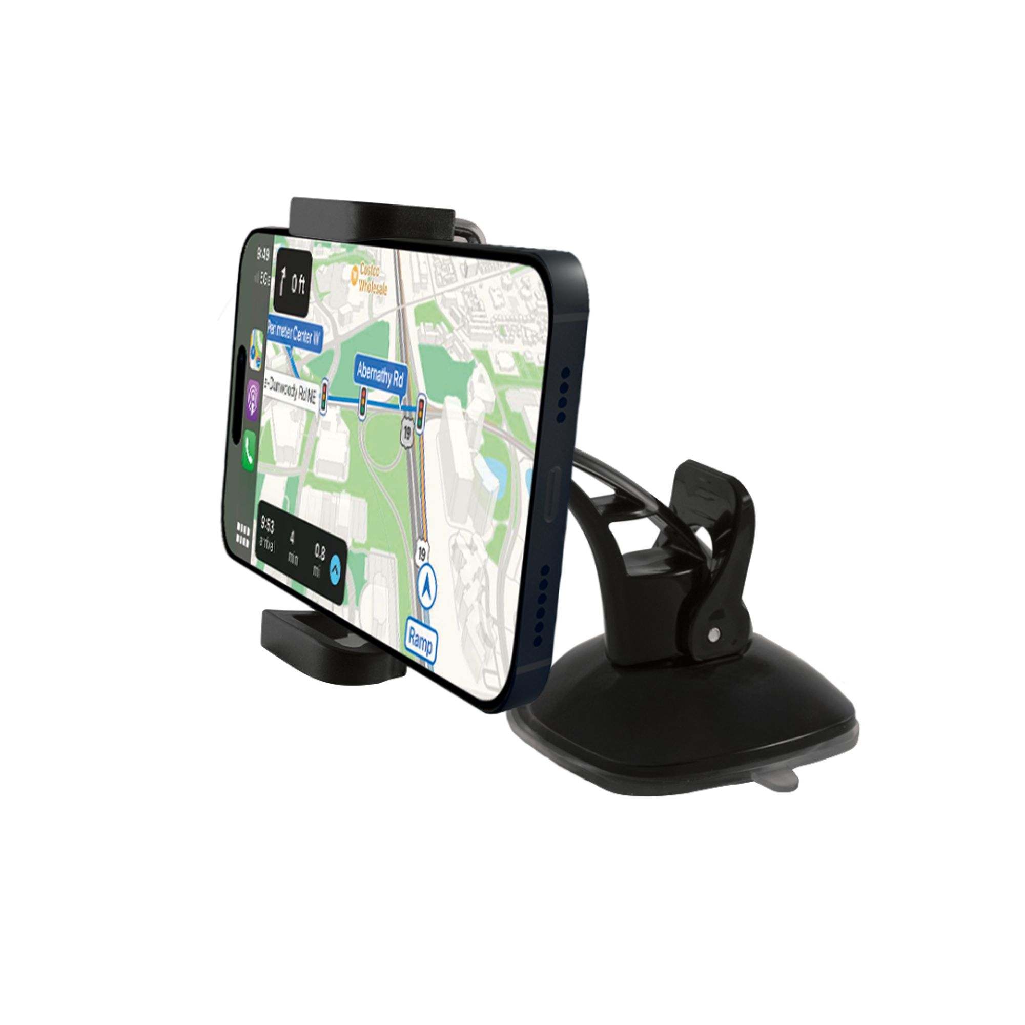 Teléfono negro montado en el parabrisas de un coche. La pantalla muestra un mapa.