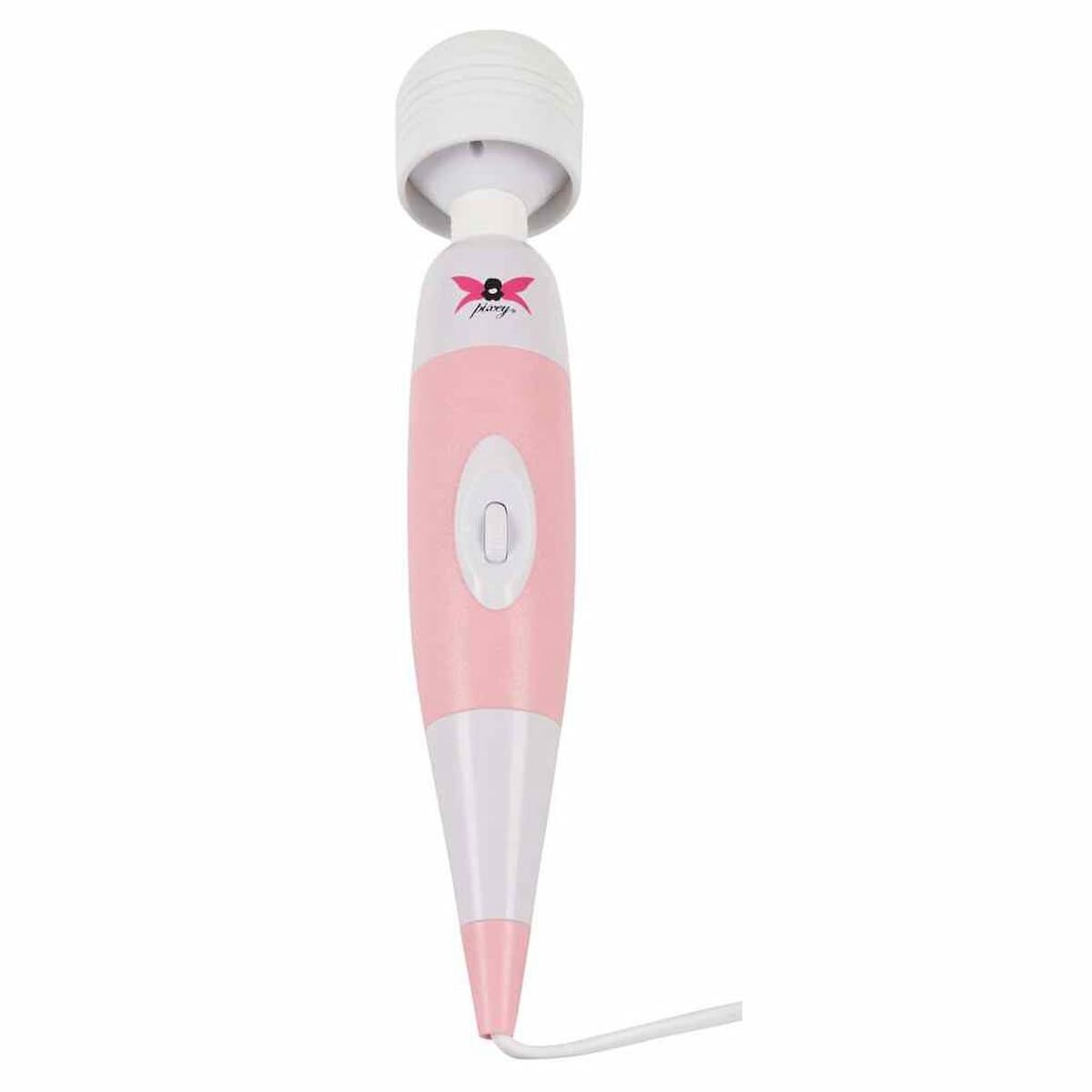 Ein rosa-weißer Vibrator. Er hat einen abgerundeten Kopf, einen rosa Körper und eine weiße Basis. Ein Knopf befindet sich am Körper.