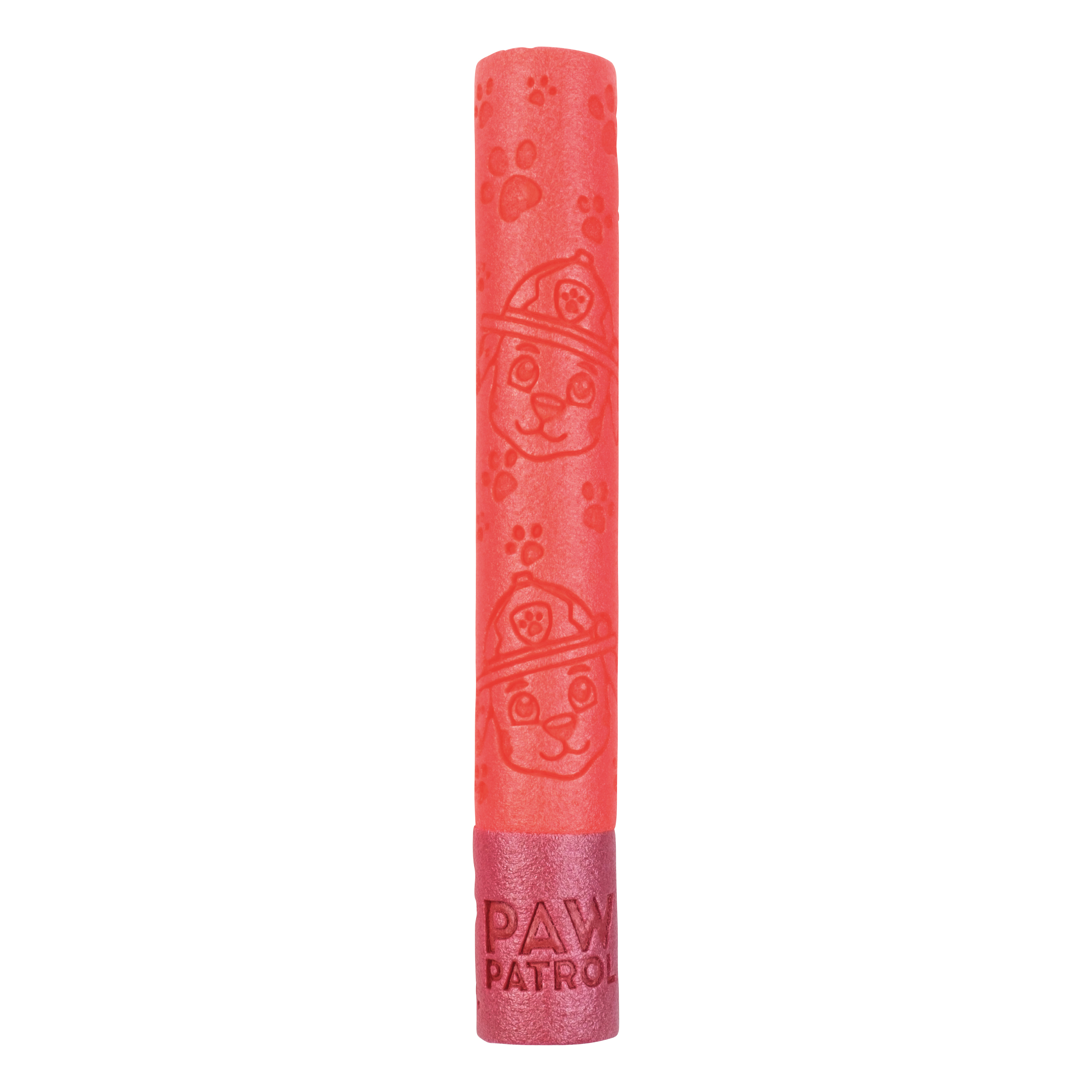 Eine rote und rosa Schaumstoff-Schwimmnudel mit Paw Patrol-Charakteren und -Logo.