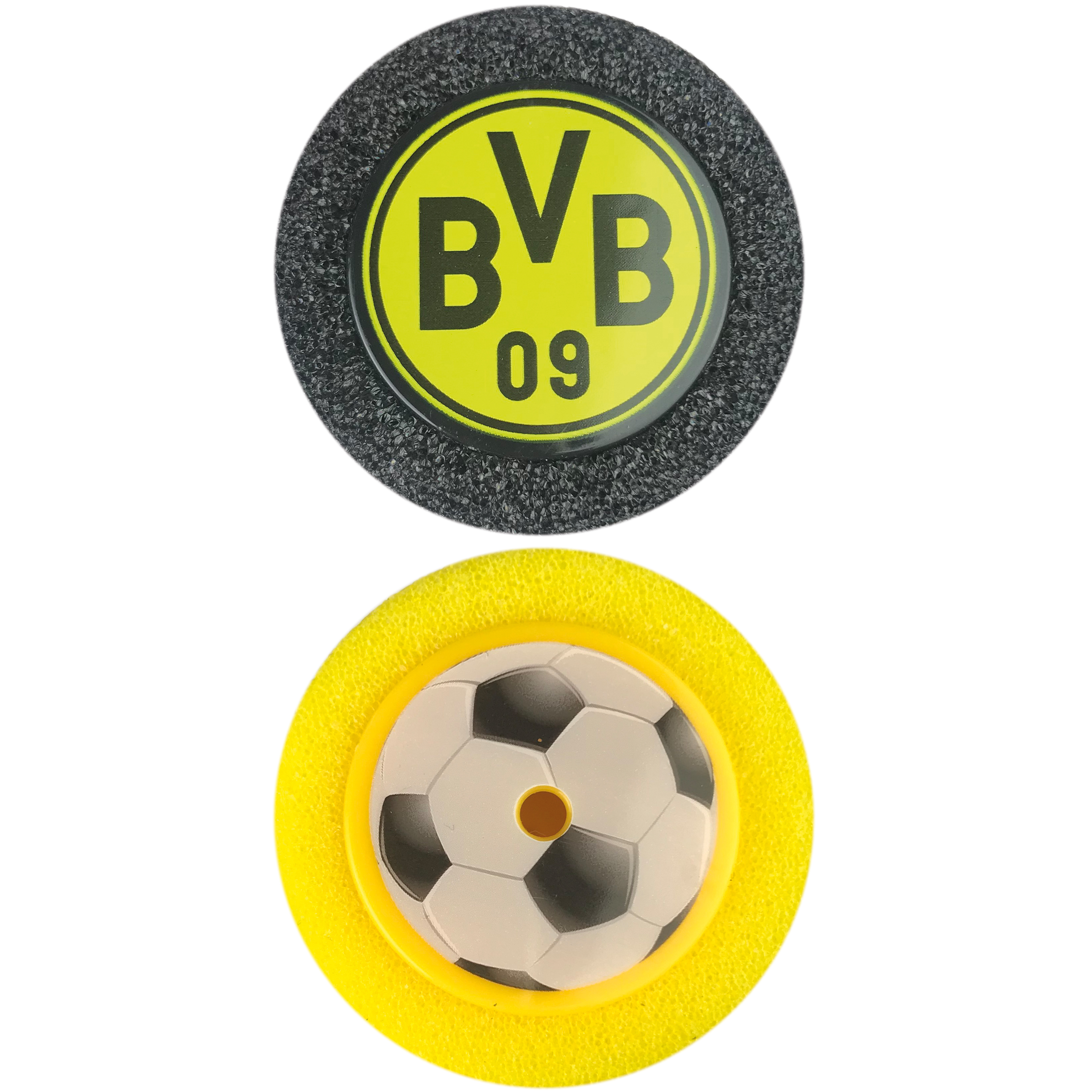 Zwei runde BVB Borussia Dortmund Logos und ein Fußball, beide auf weißem Hintergrund, mit Text.