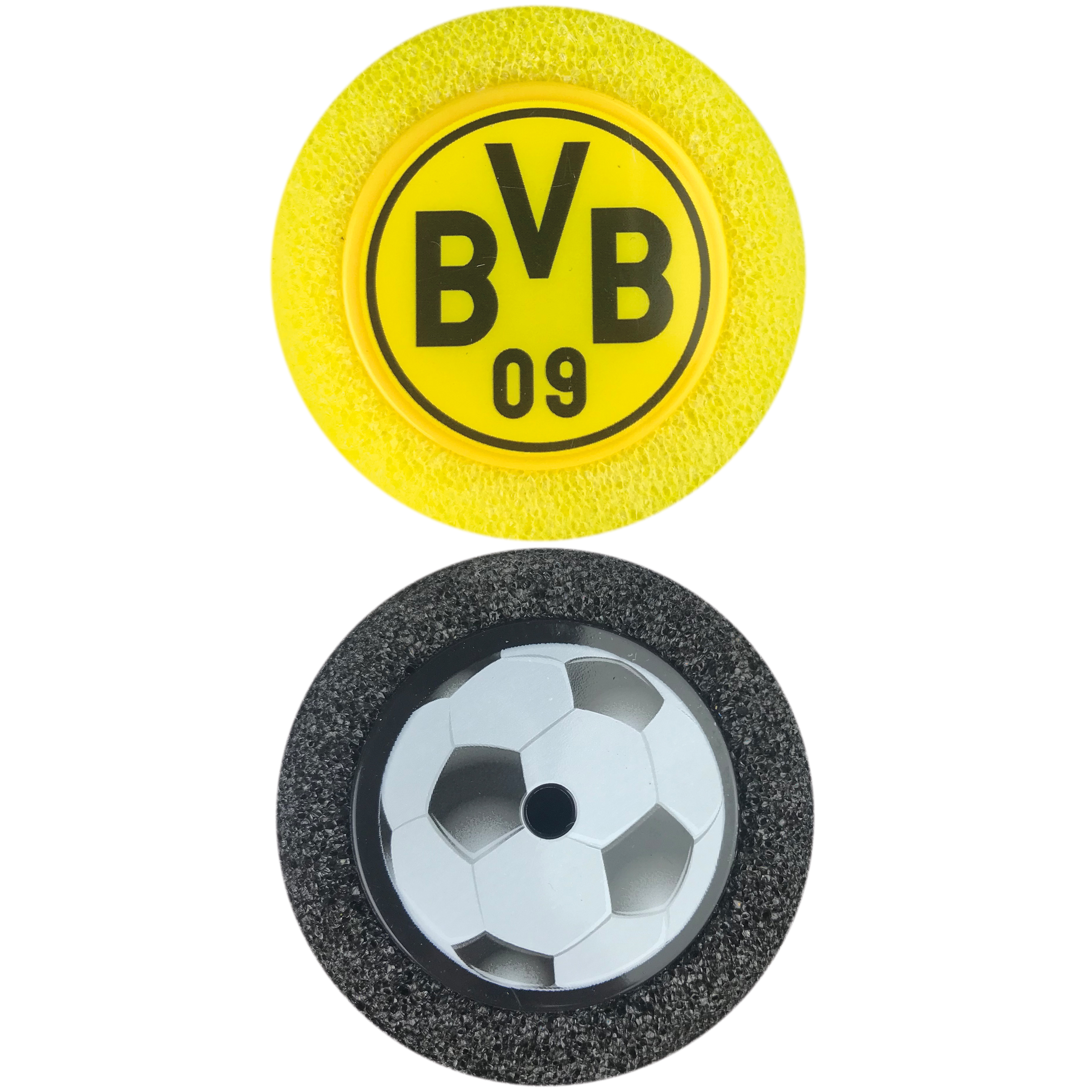 Zwei runde Objekte. Oben: gelber Ring mit 'BVB 09' Logo. Unten: Fußball-Design auf schwarzem Grund.