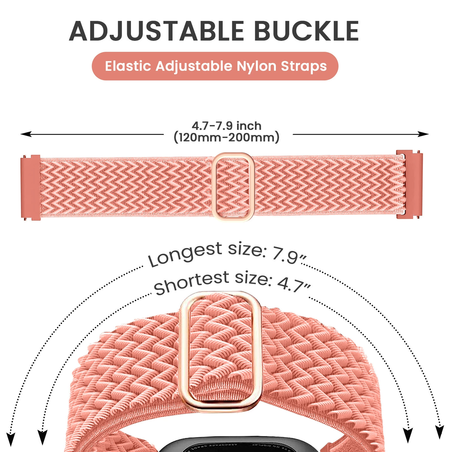 Różowy i złoty regulowany pasek do zegarka z klamrą, ze specyfikacjami rozmiarów.