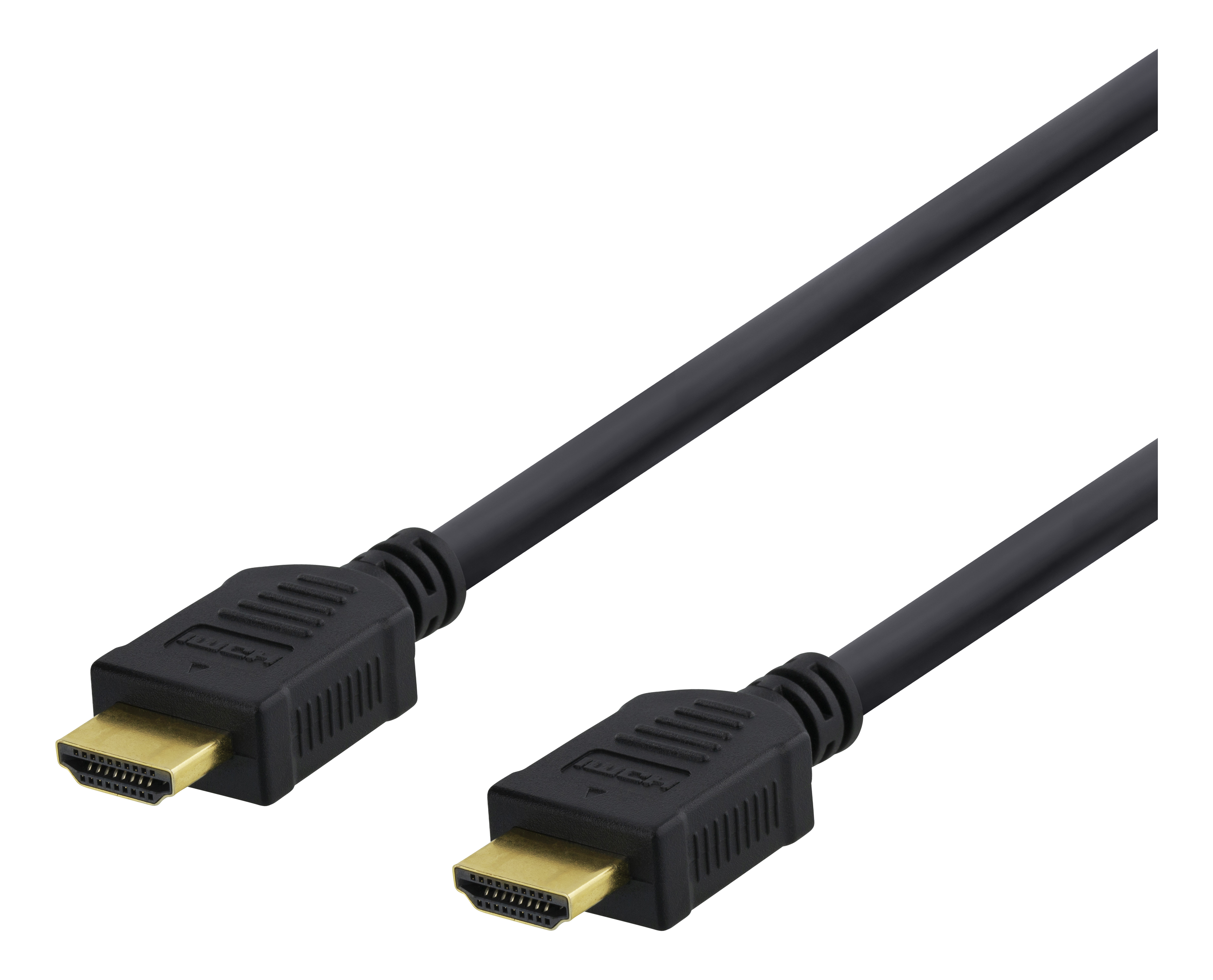 Black HDMI cable with gold-colored connectors. The cable is on a black background.