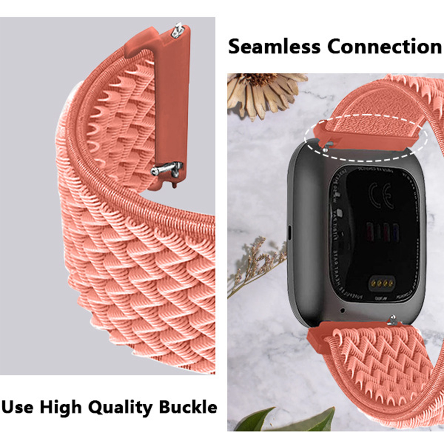 Pasek do smartwatcha pokazano z bliska na teksturowanej powierzchni i punktach połączeń paska.