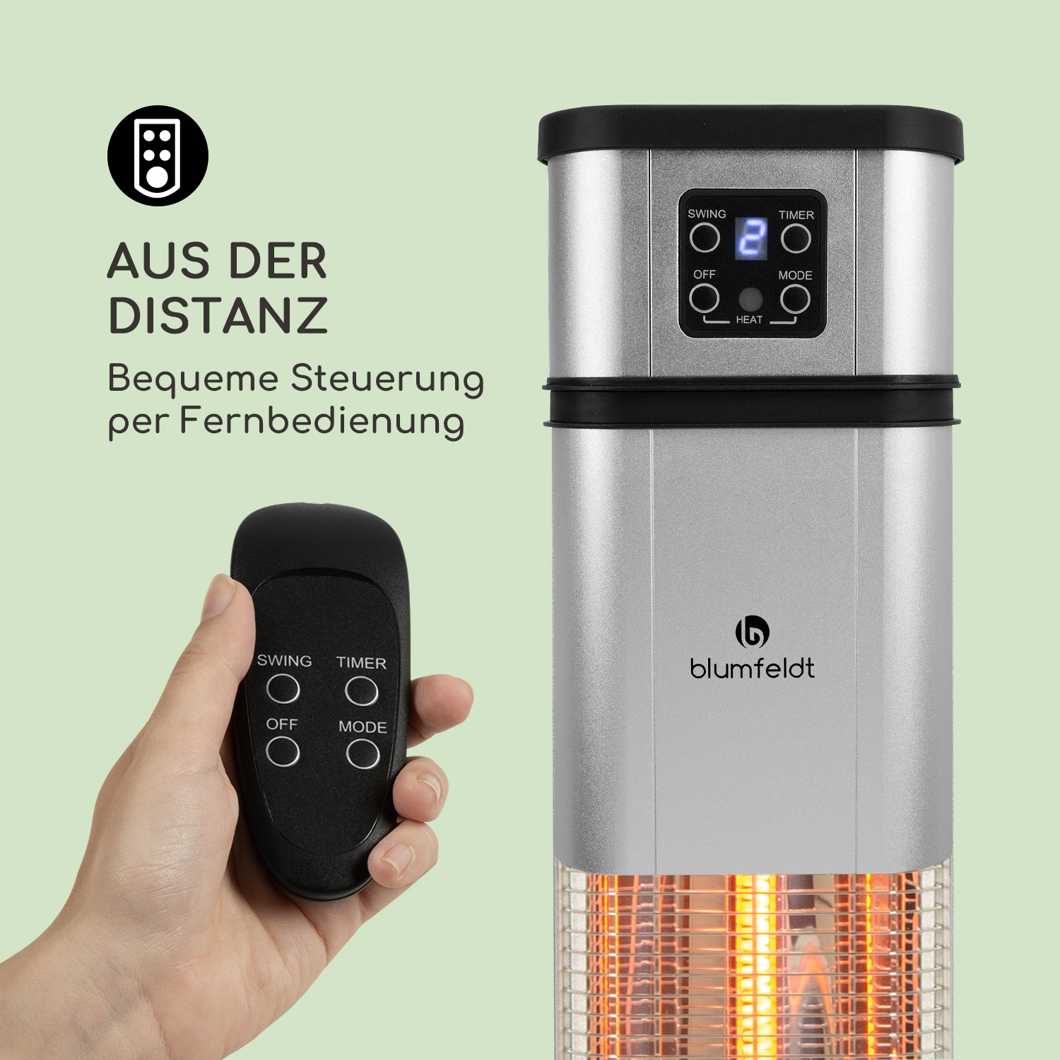 Silberner Elektroheizer mit Fernbedienung. Hand hält Fernbedienung, Text: 'Aus der Distanz'.