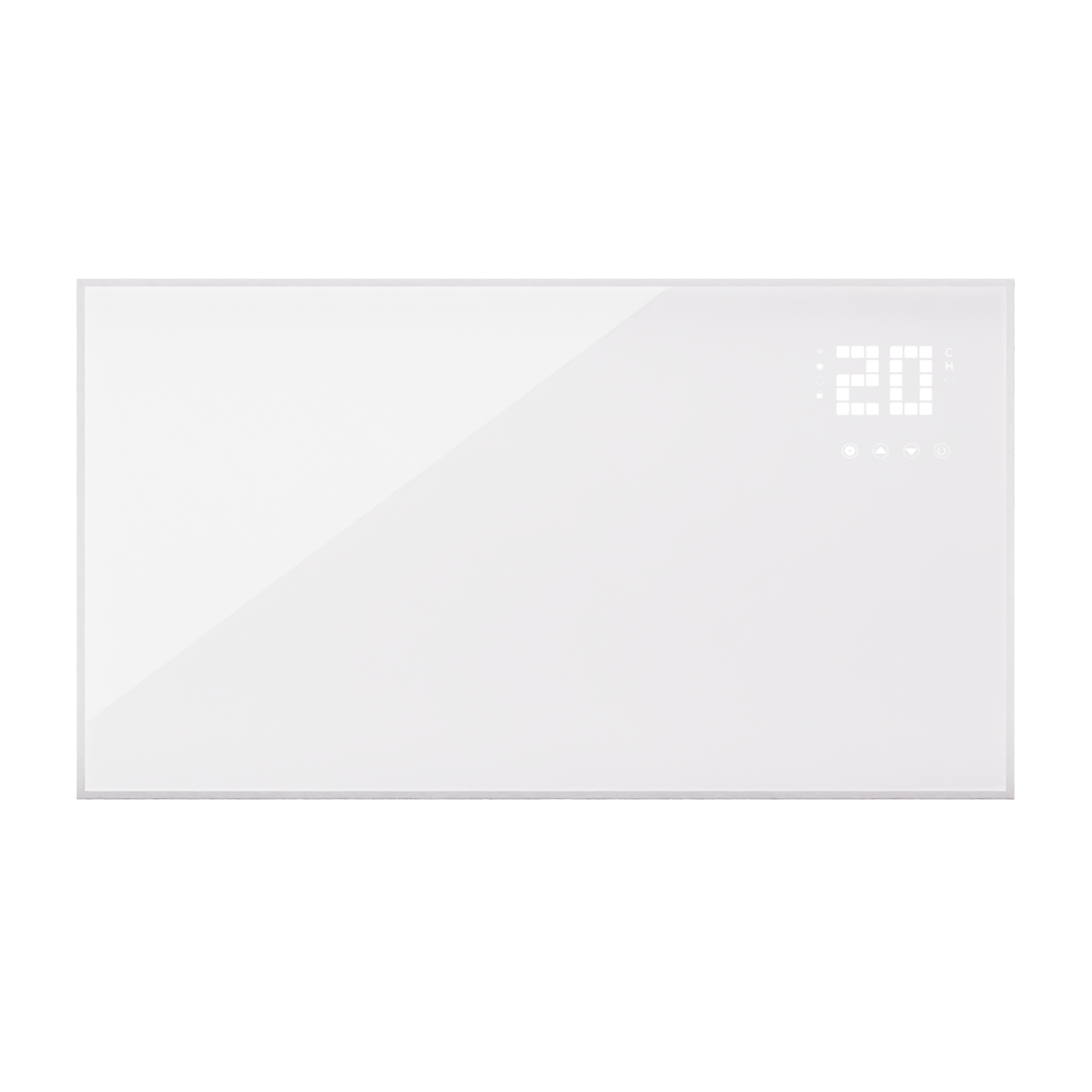 Un pannello di vetro bianco con un display digitale che mostra "20". Il pannello è un rettangolo.