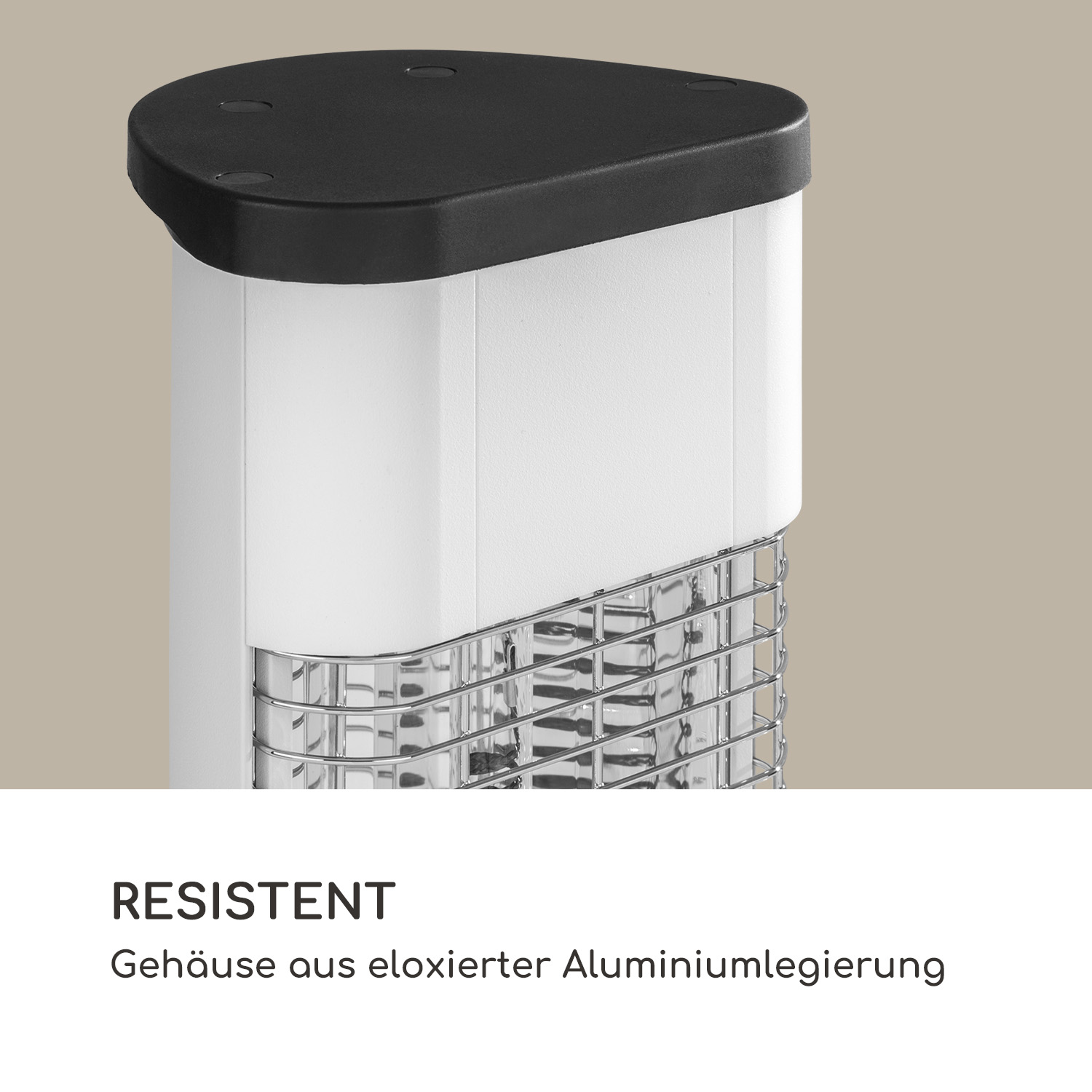 Ein weißes und schwarzes rechteckiges Gerät. Der Text lautet 'RESISTENT' und auch 'Gehäuse aus eloxierter Aluminiumlegierung'.