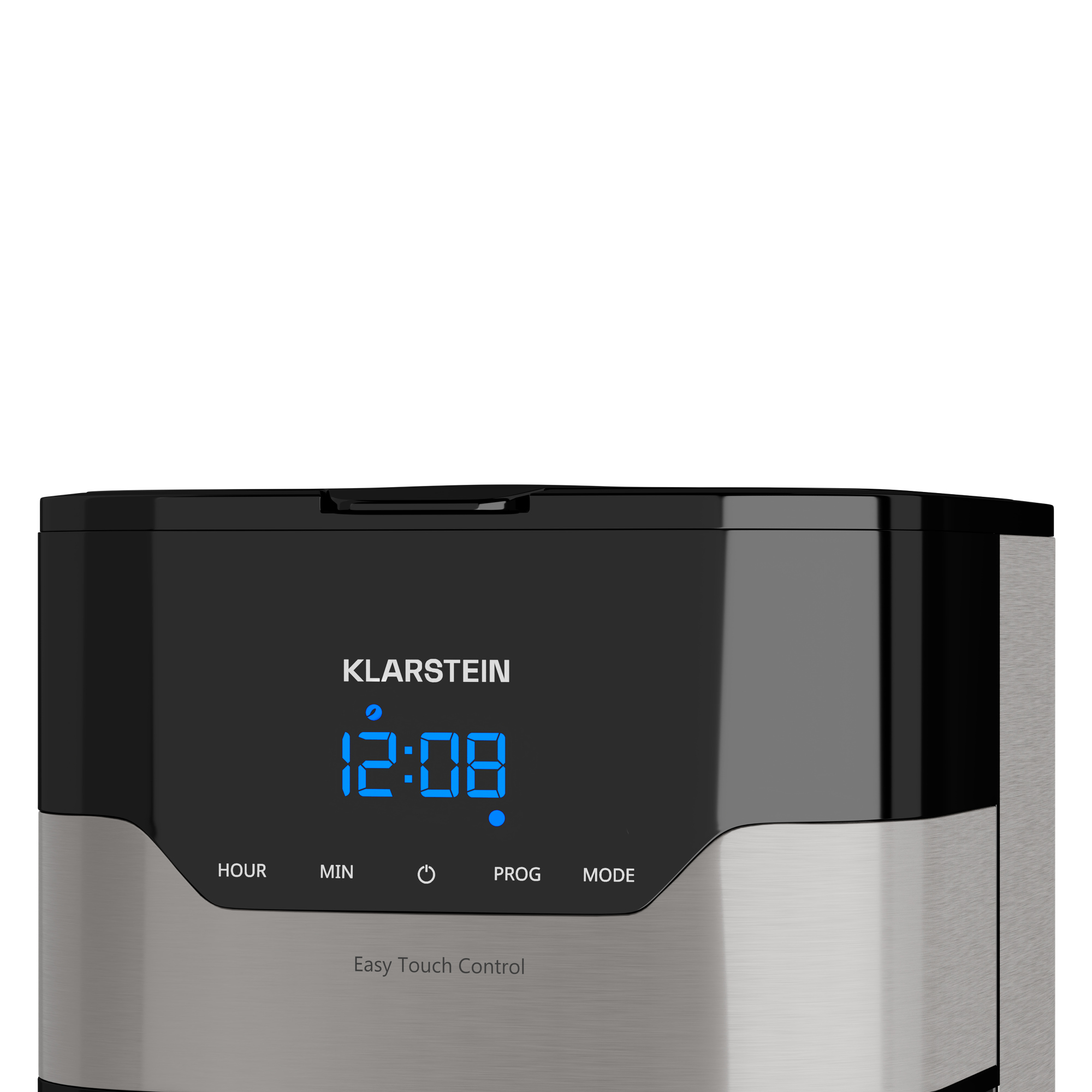 Electrodoméstico negro y plateado con pantalla digital. Muestra la hora 12:08 y tiene botones de control.