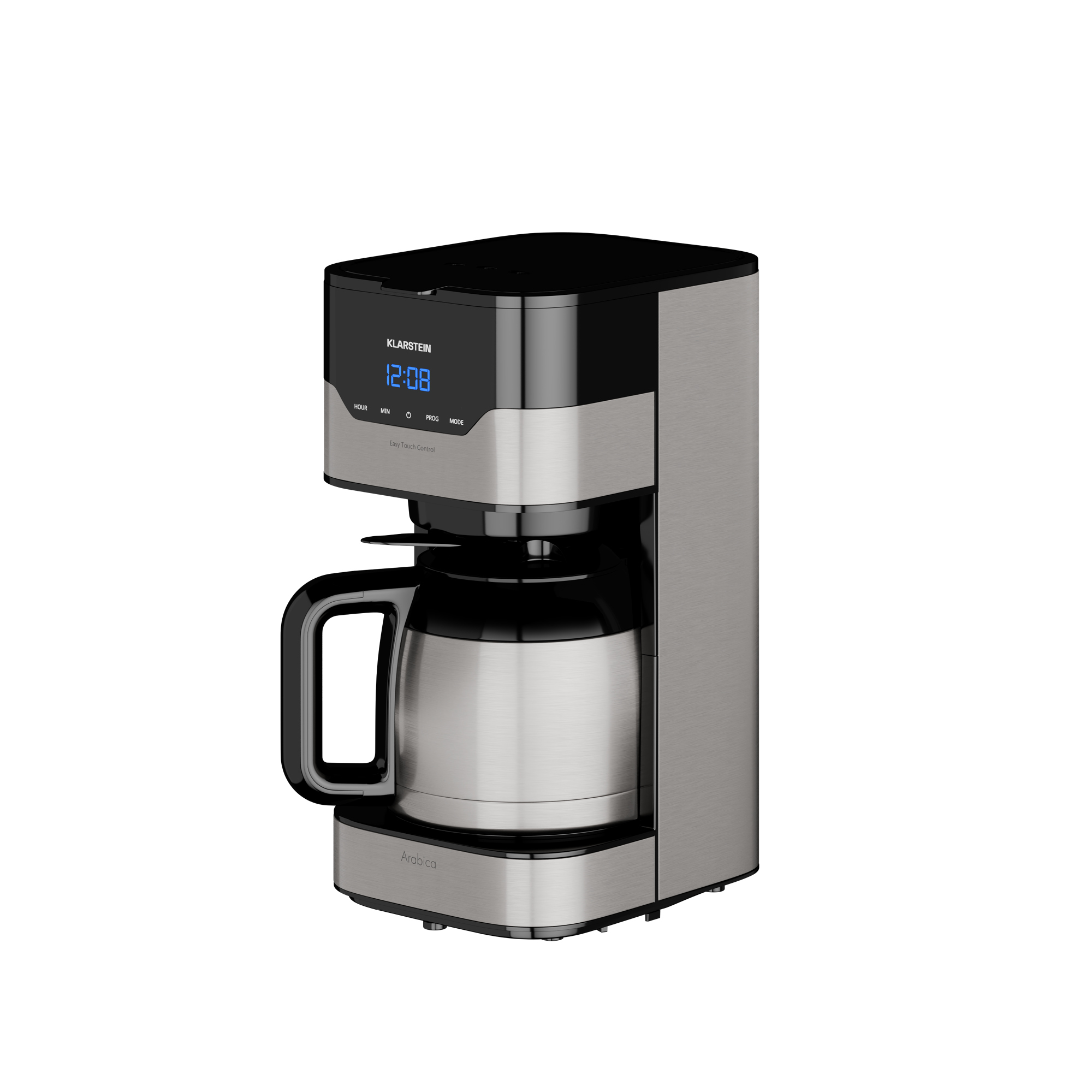 Cafetera plateada y negra con pantalla digital que muestra la hora. Un asa negra.