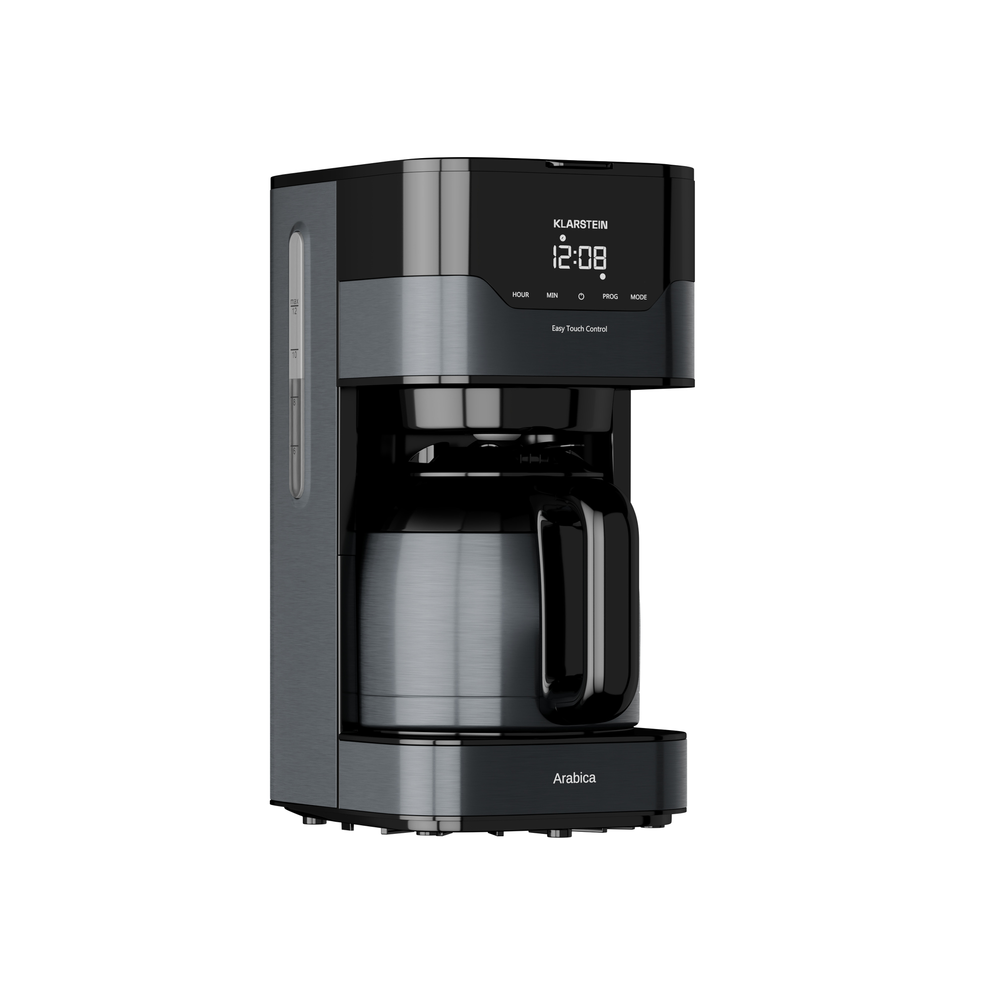 Una cafetera gris y negra con pantalla digital. Tiene una jarra y la marca Arabica está en la parte delantera.
