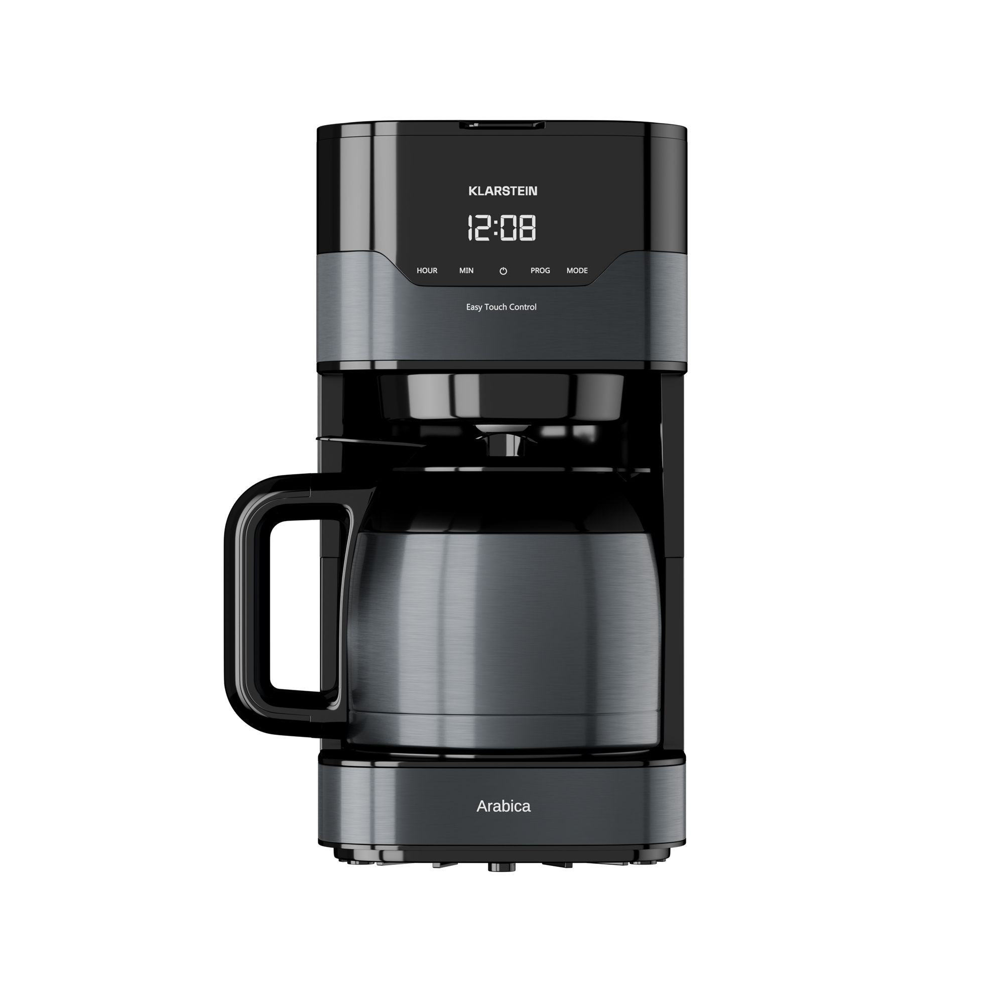 Una cafetera negra y plateada con una pantalla digital y una jarra de metal.