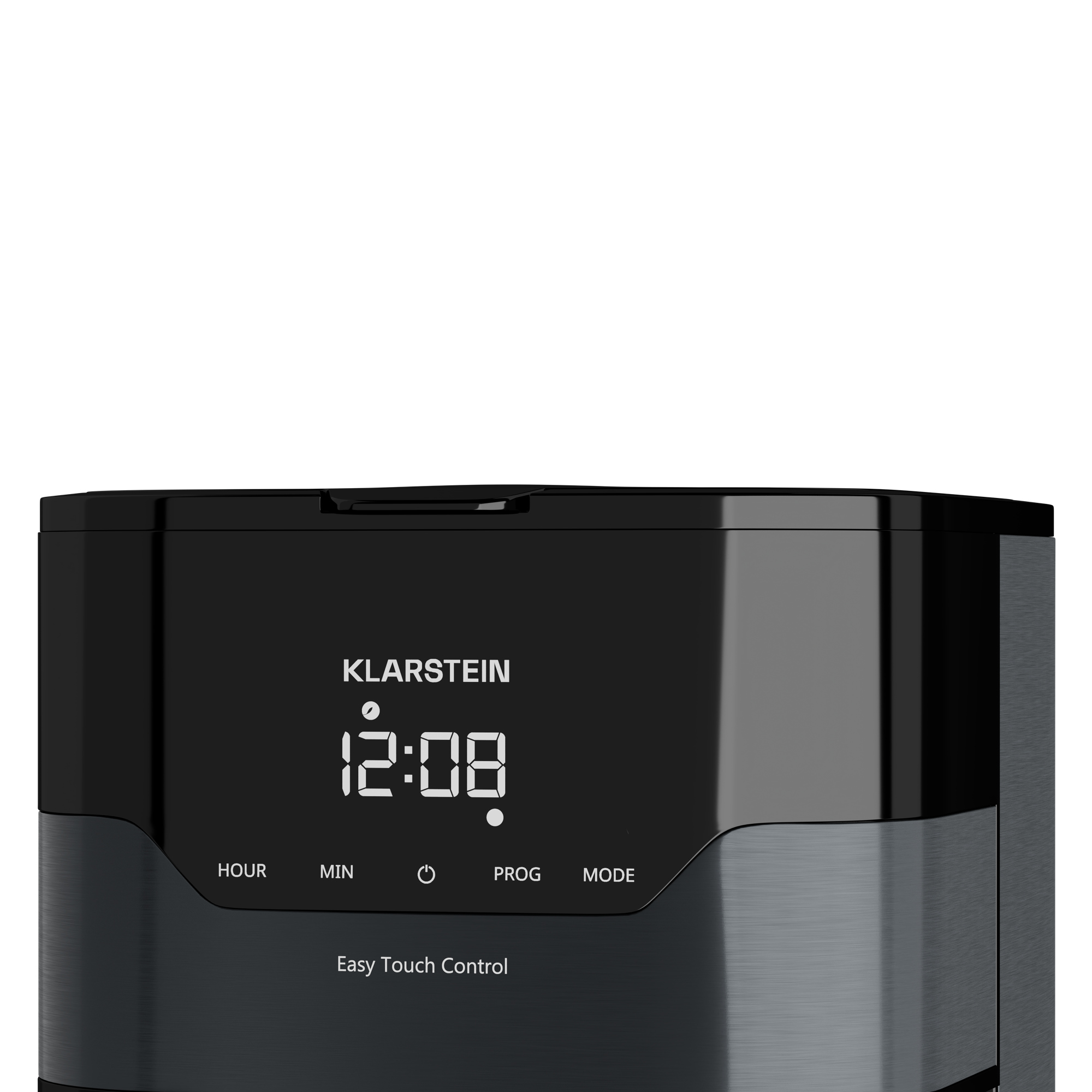 Electrodoméstico negro y plateado con pantalla de reloj digital. Control táctil fácil.