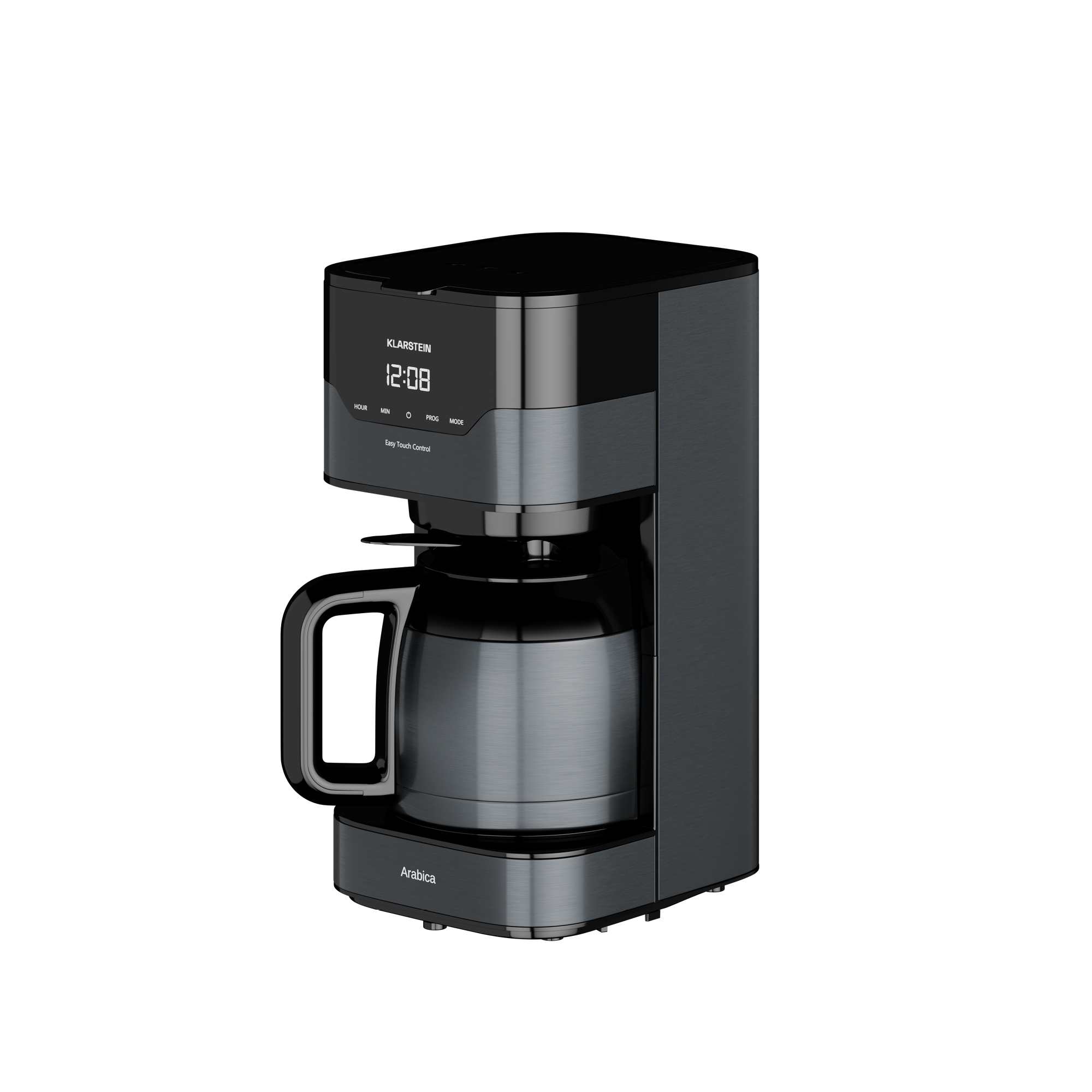 Cafetera negra y gris con pantalla digital que muestra la hora. Tiene una jarra y un asa.