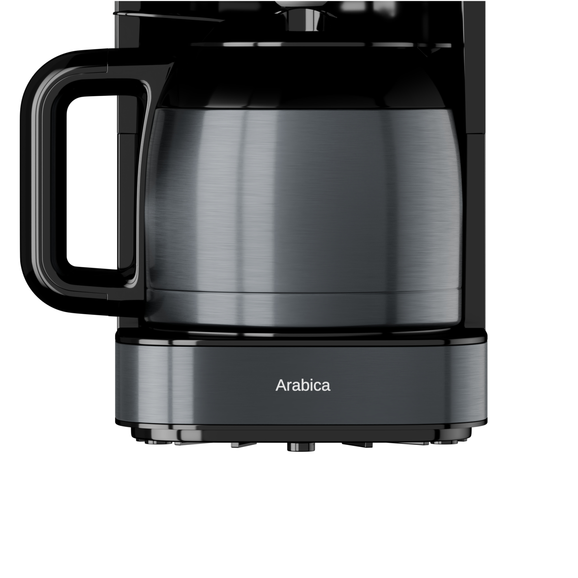 La parte frontal de una cafetera negra con la palabra Arabica escrita.