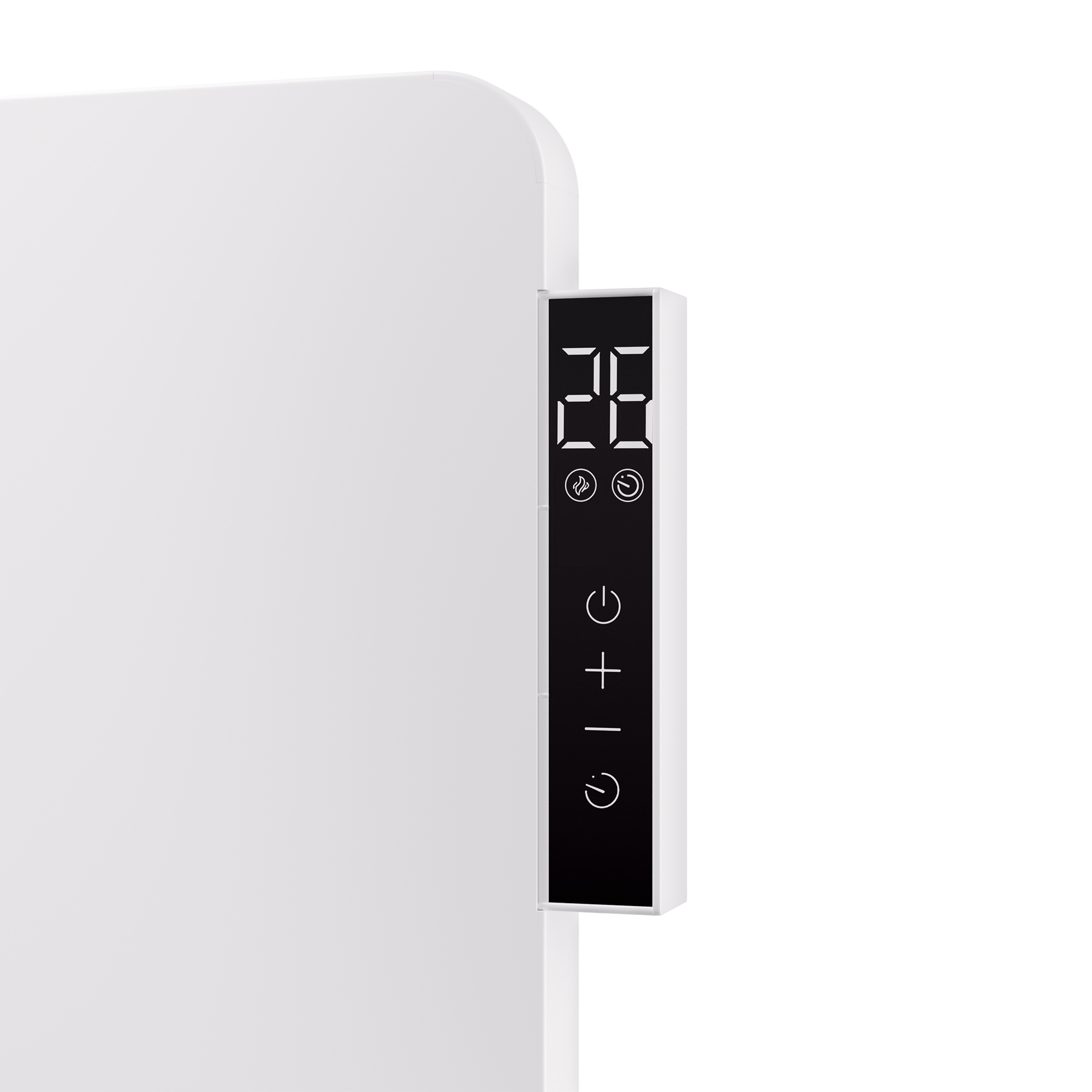 Termosifone elettrico bianco con display digitale nero che mostra 25. Pulsanti per accensione, su e giù visibili.
